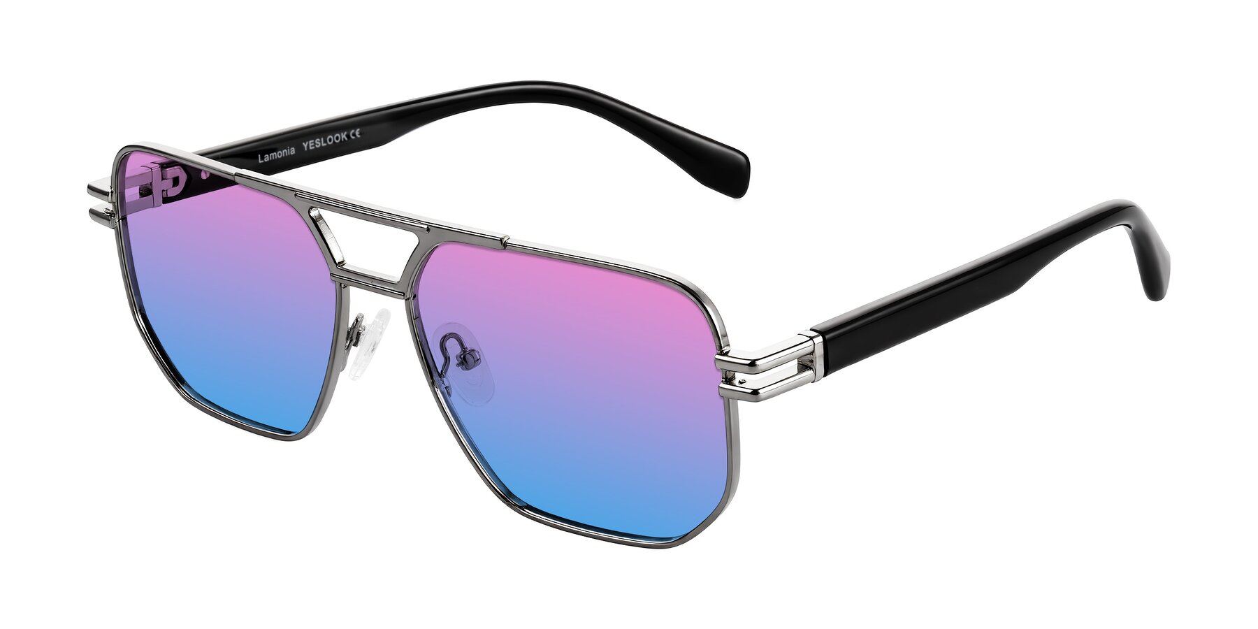 Angle of Lamonia in Gunmetal/Black with Pink / Blue Gradient Lenses