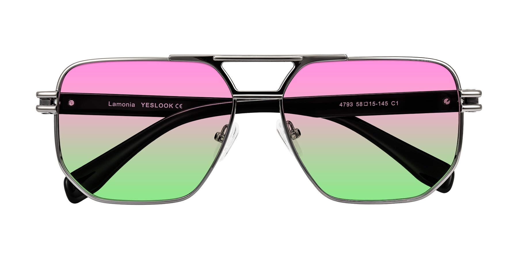 Folded Front of Lamonia in Gunmetal/Black with Pink / Green Gradient Lenses