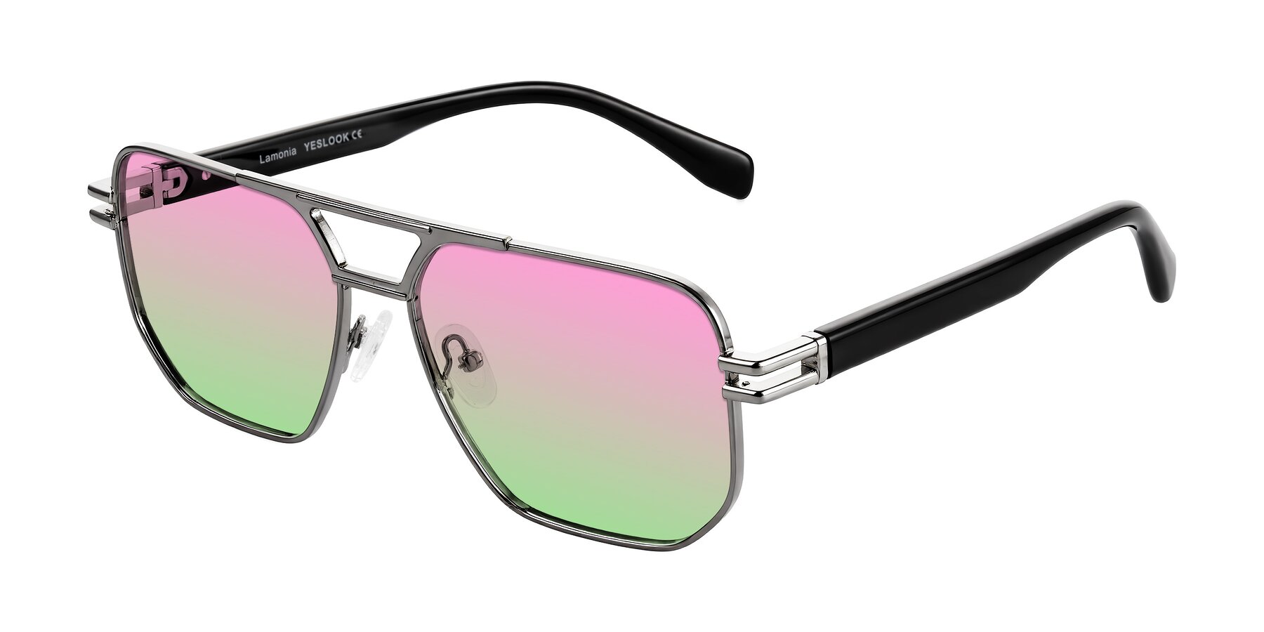 Angle of Lamonia in Gunmetal/Black with Pink / Green Gradient Lenses