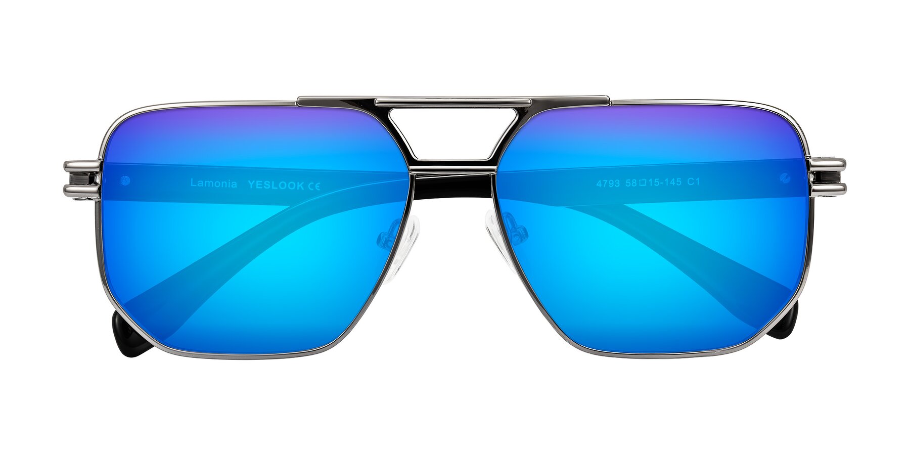 Folded Front of Lamonia in Gunmetal/Black with Blue Mirrored Lenses