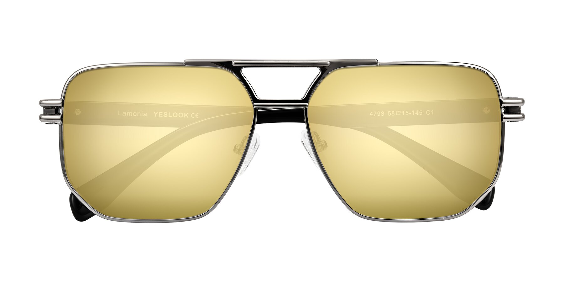 Folded Front of Lamonia in Gunmetal/Black with Gold Mirrored Lenses