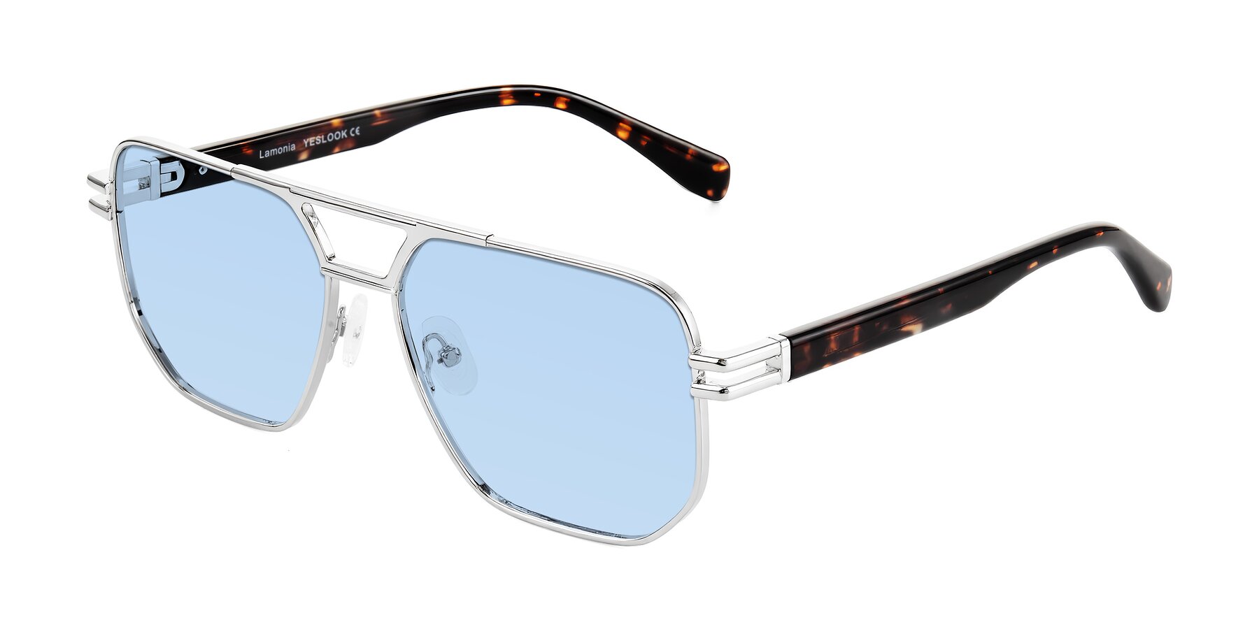 Angle of Lamonia in Silver/Tortoise with Light Blue Tinted Lenses