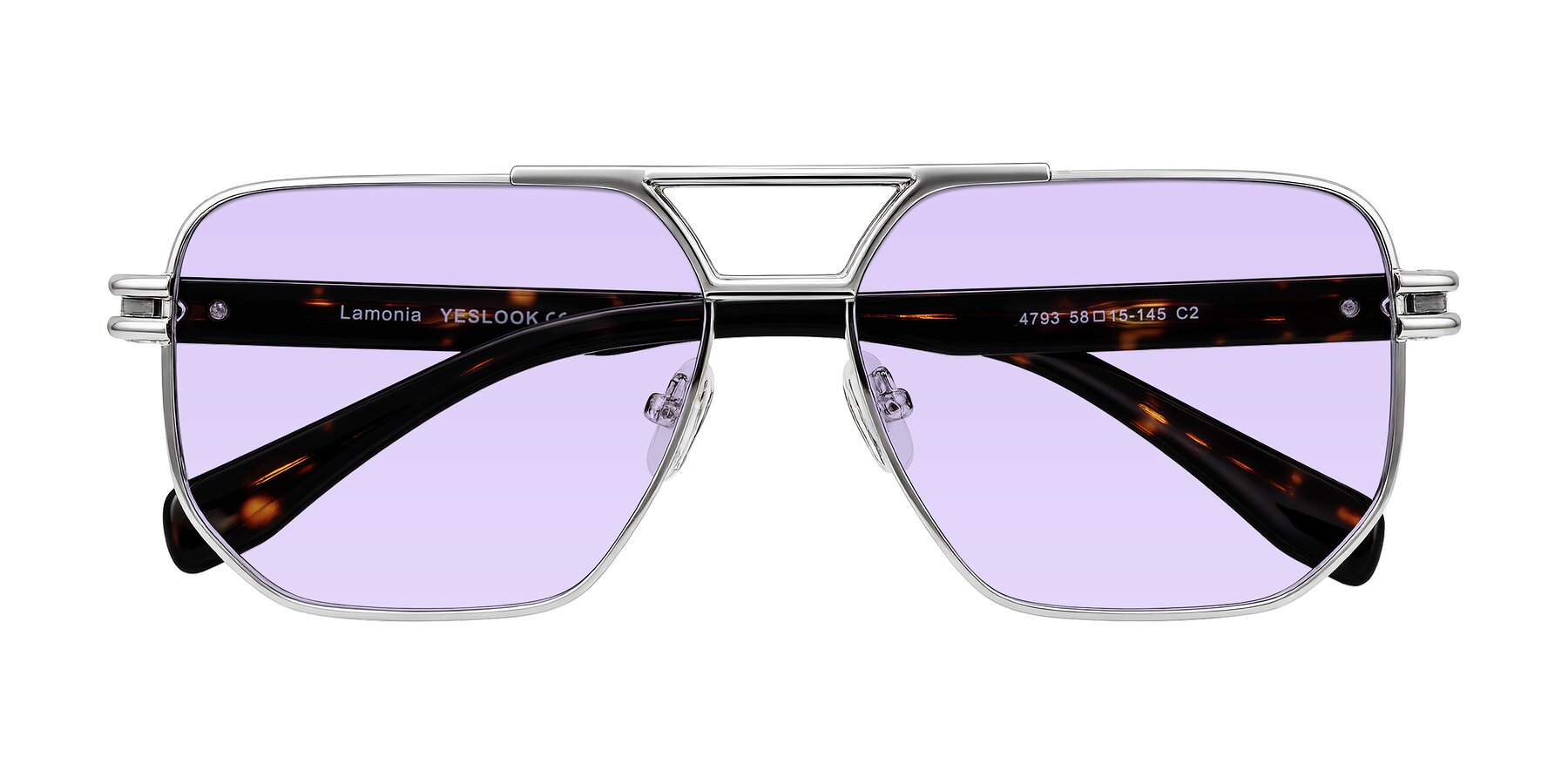 Folded Front of Lamonia in Silver/Tortoise with Light Purple Tinted Lenses
