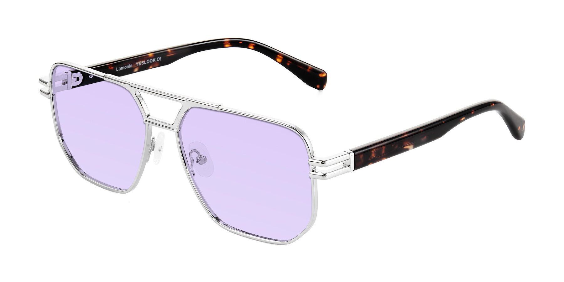 Angle of Lamonia in Silver/Tortoise with Light Purple Tinted Lenses