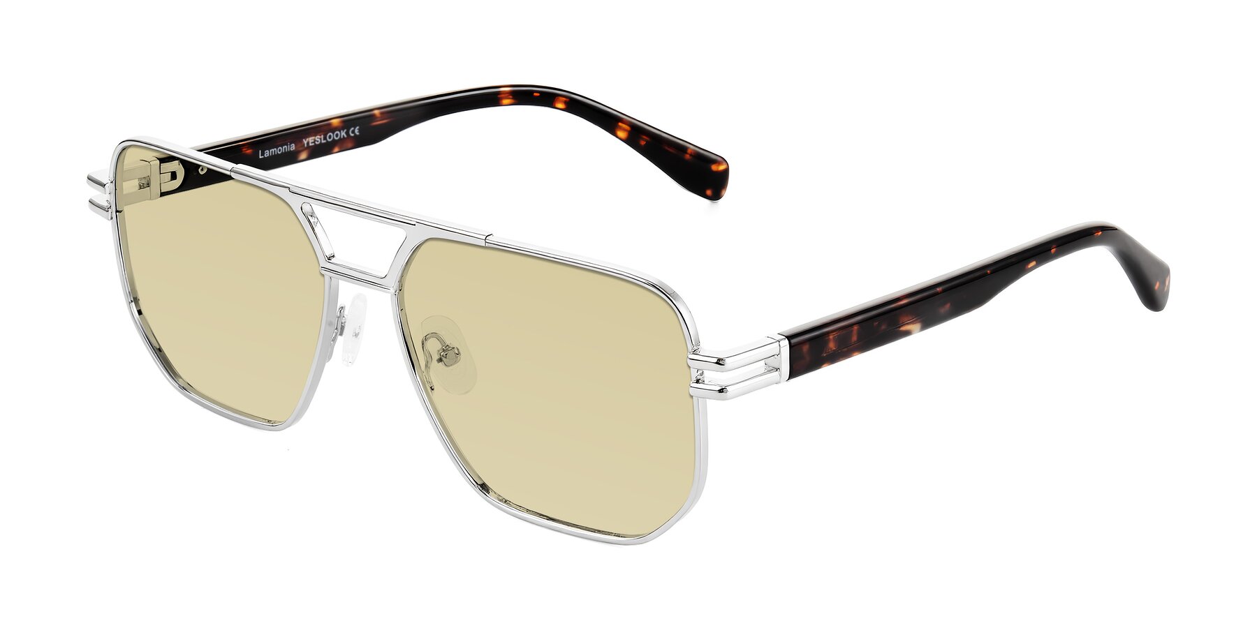 Angle of Lamonia in Silver/Tortoise with Light Champagne Tinted Lenses