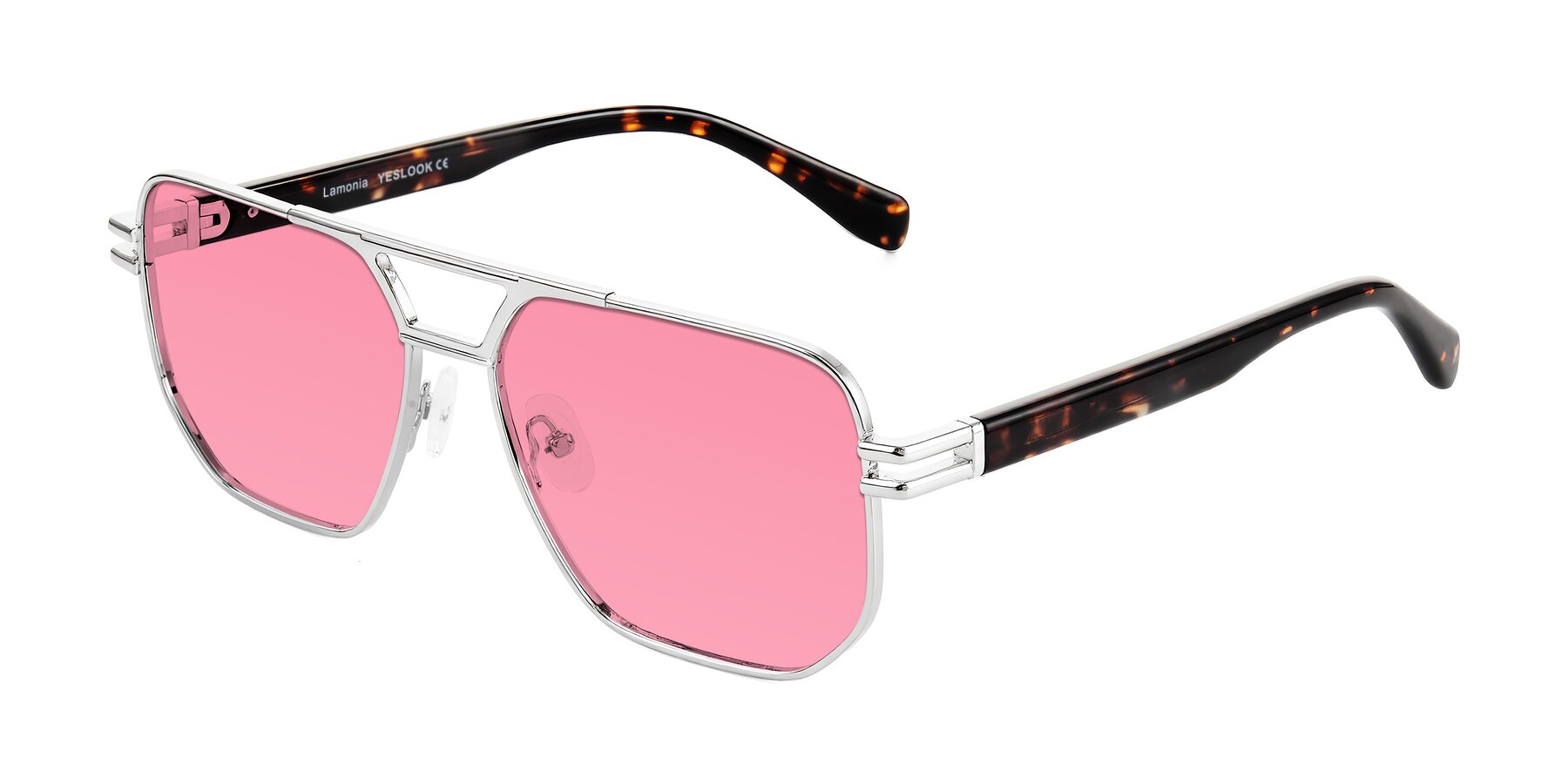 Angle of Lamonia in Silver/Tortoise with Pink Tinted Lenses