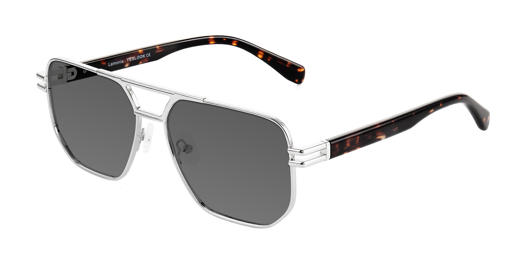 Angle of Lamonia in Silver/Tortoise with Medium Gray Tinted Lenses