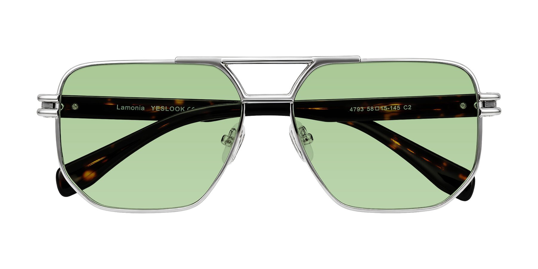Folded Front of Lamonia in Silver/Tortoise with Medium Green Tinted Lenses