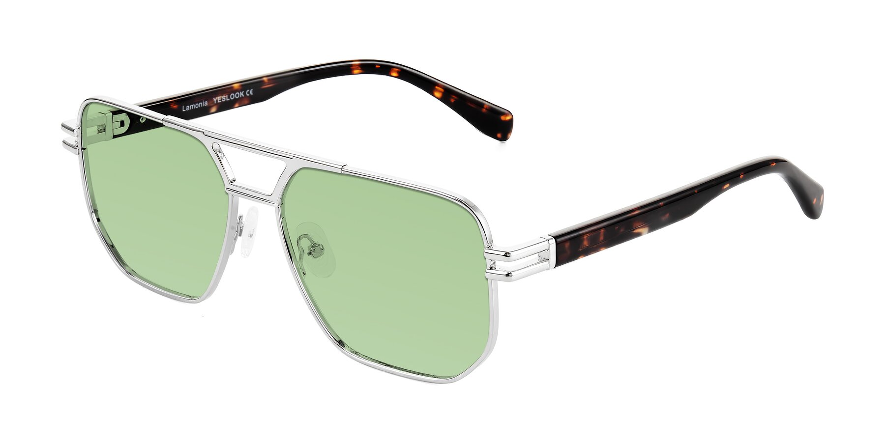 Angle of Lamonia in Silver/Tortoise with Medium Green Tinted Lenses