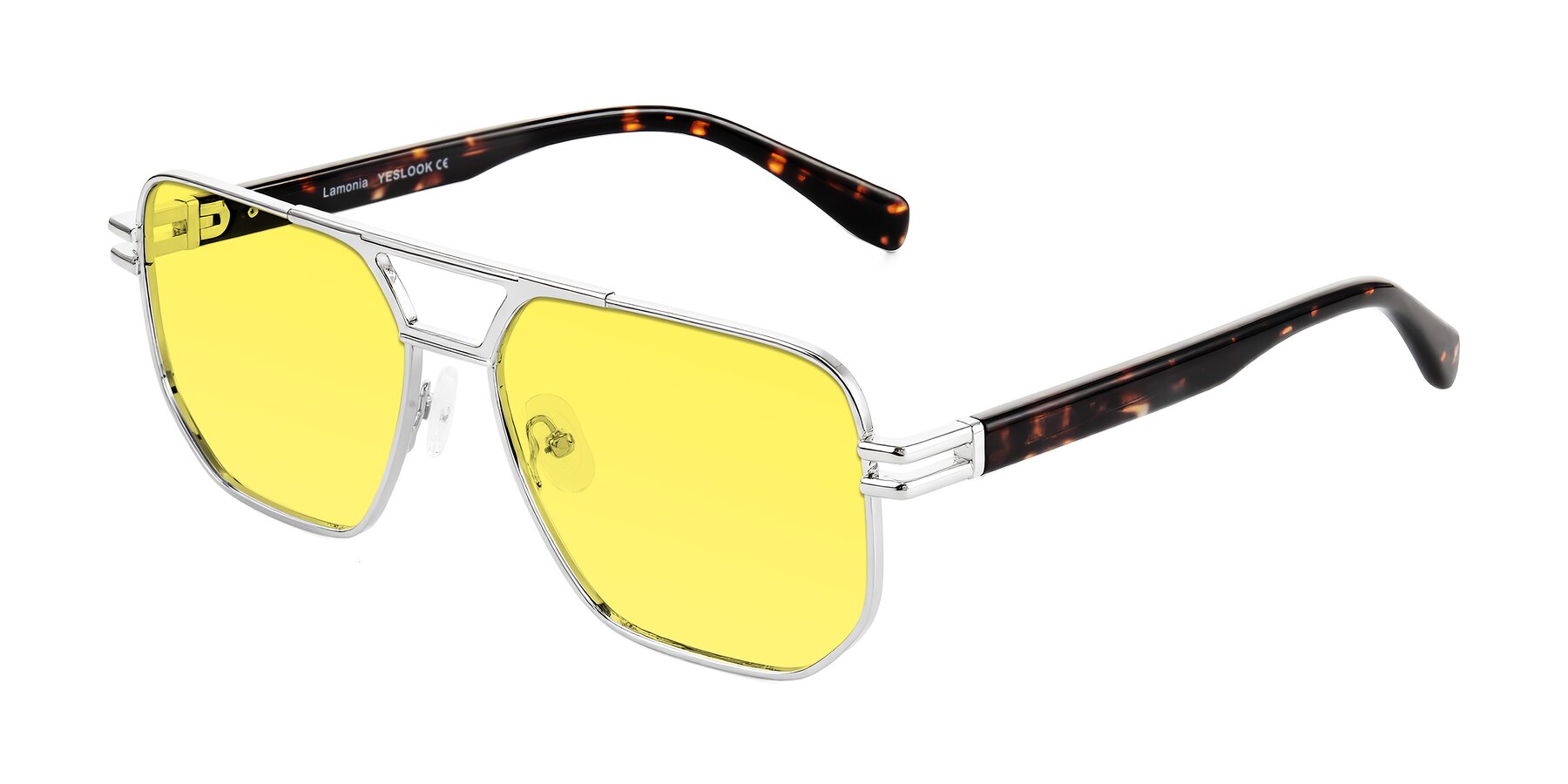 Angle of Lamonia in Silver/Tortoise with Medium Yellow Tinted Lenses