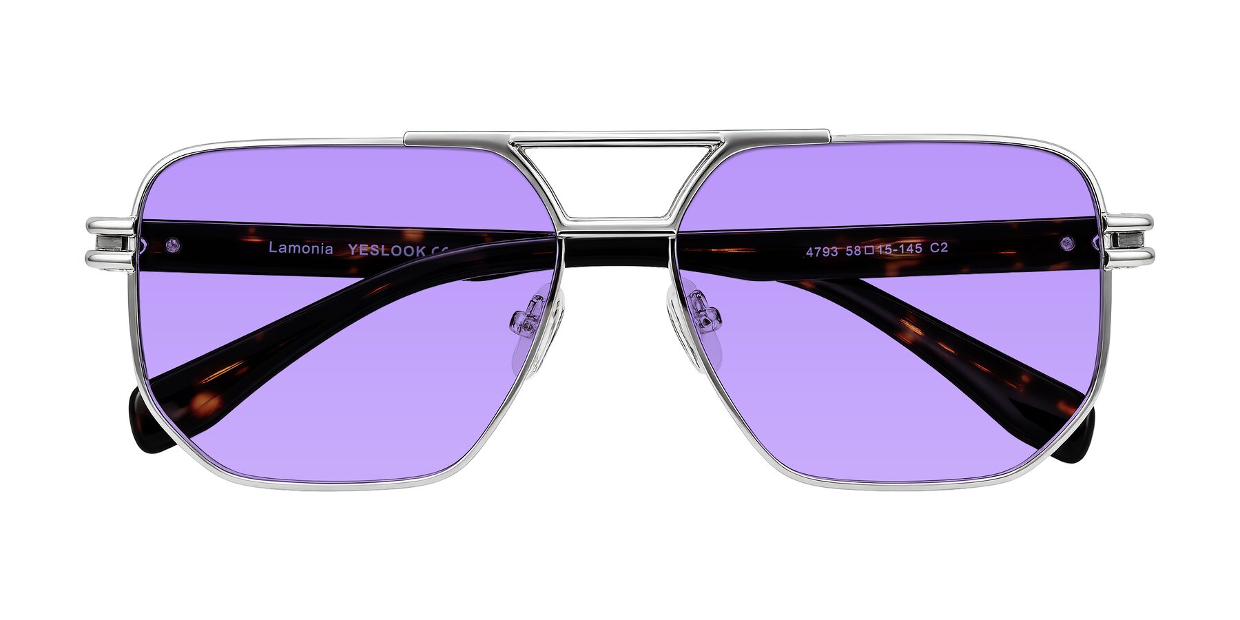 Folded Front of Lamonia in Silver/Tortoise with Medium Purple Tinted Lenses
