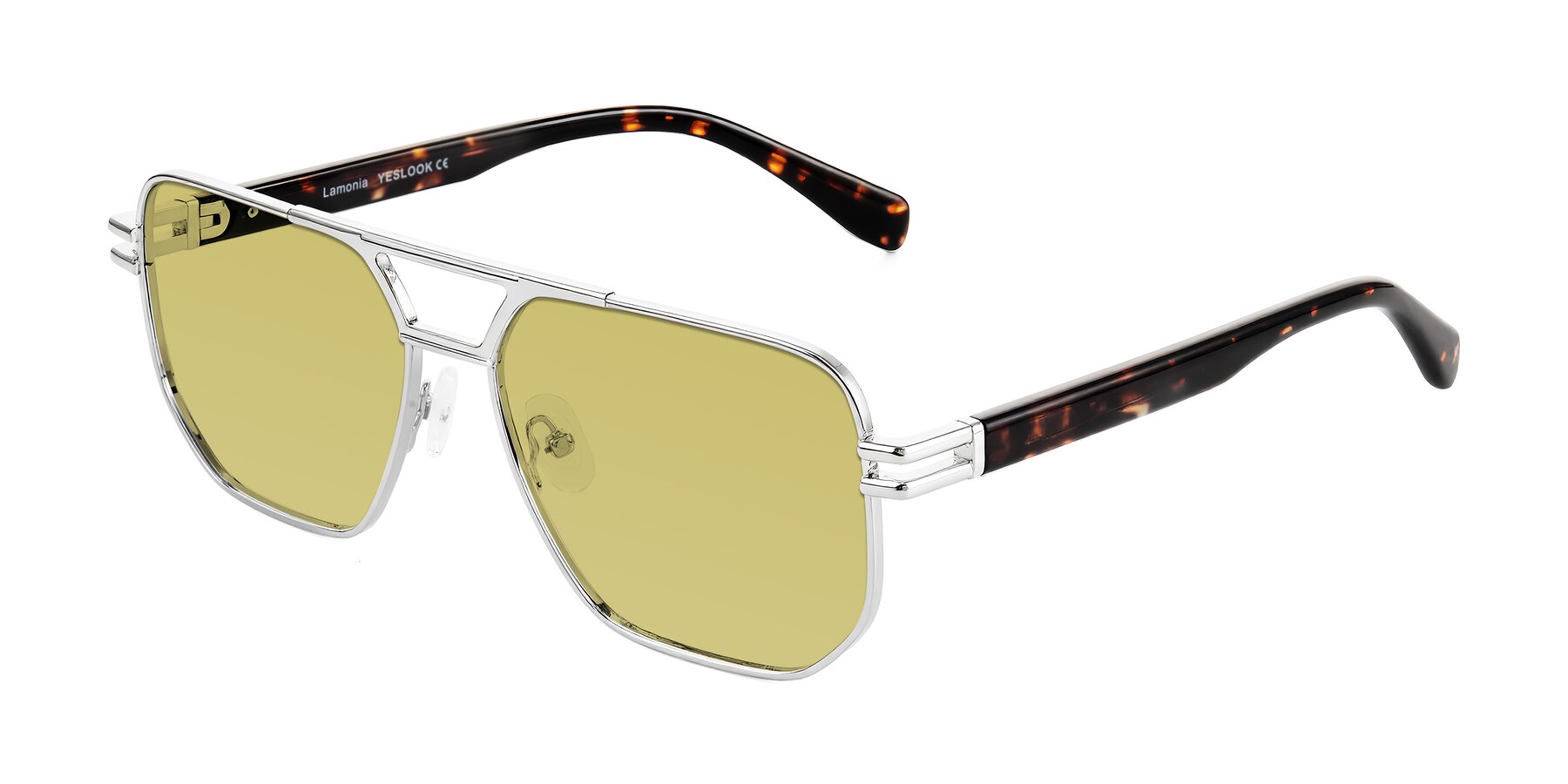 Angle of Lamonia in Silver/Tortoise with Medium Champagne Tinted Lenses