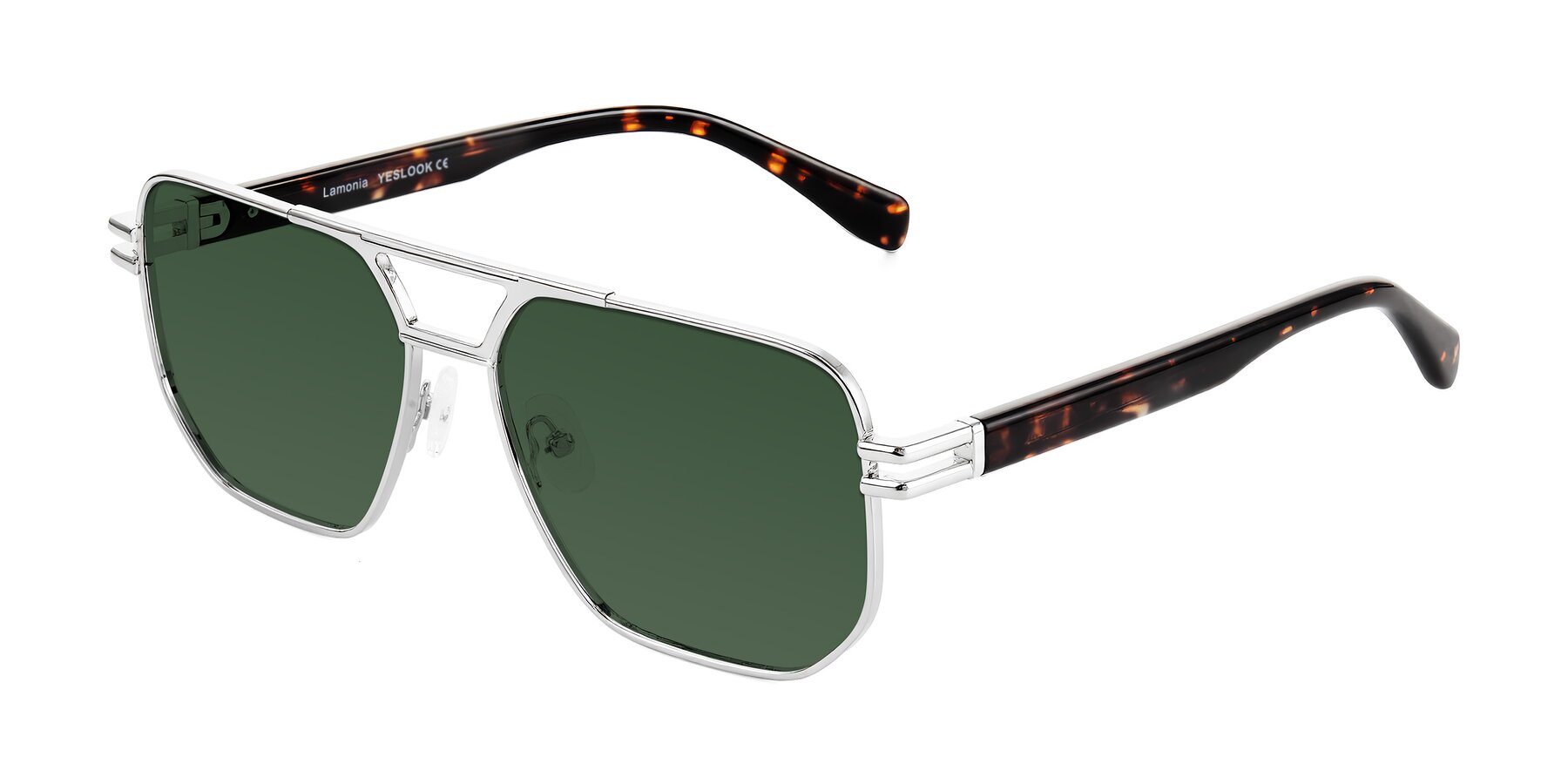 Angle of Lamonia in Silver/Tortoise with Green Tinted Lenses