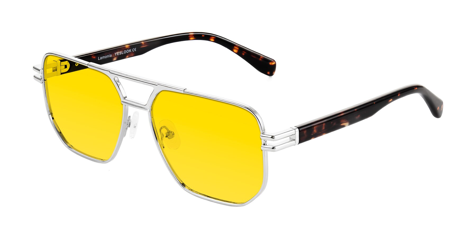 Angle of Lamonia in Silver/Tortoise with Yellow Tinted Lenses