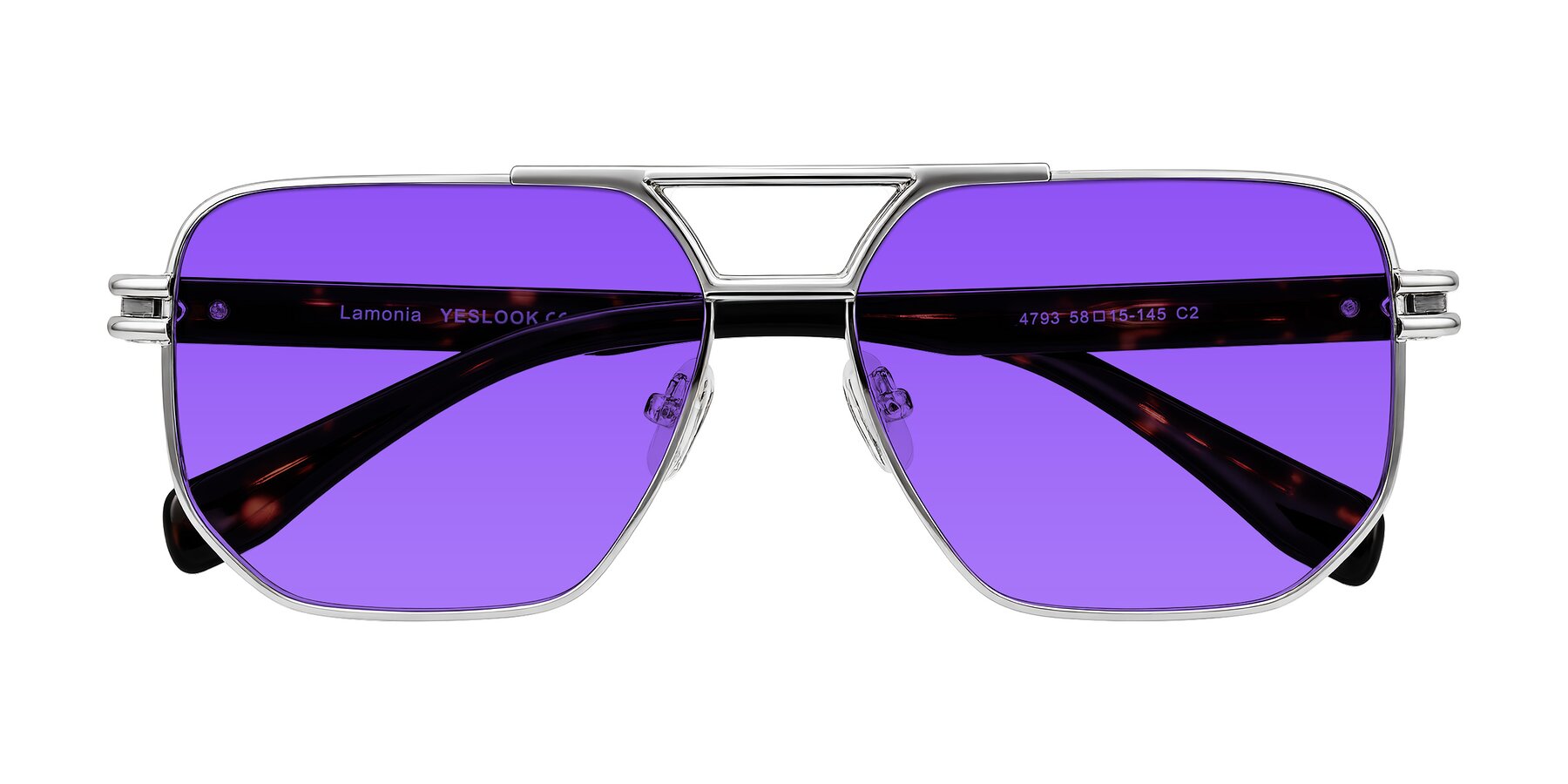 Folded Front of Lamonia in Silver/Tortoise with Purple Tinted Lenses