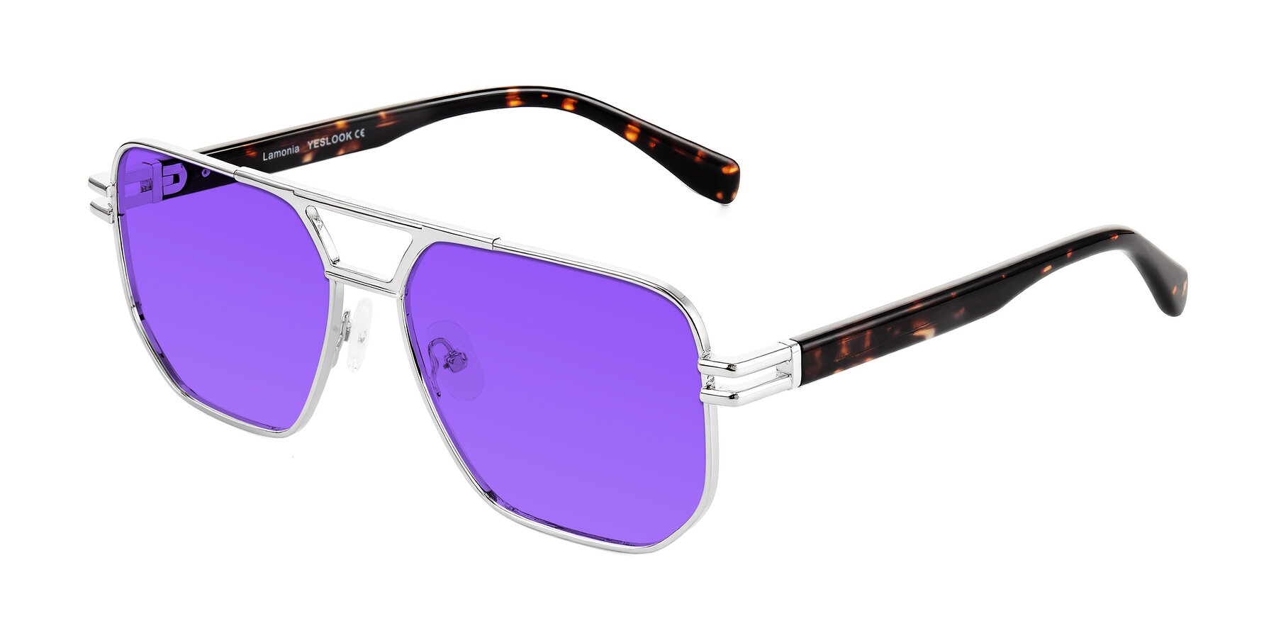 Angle of Lamonia in Silver/Tortoise with Purple Tinted Lenses