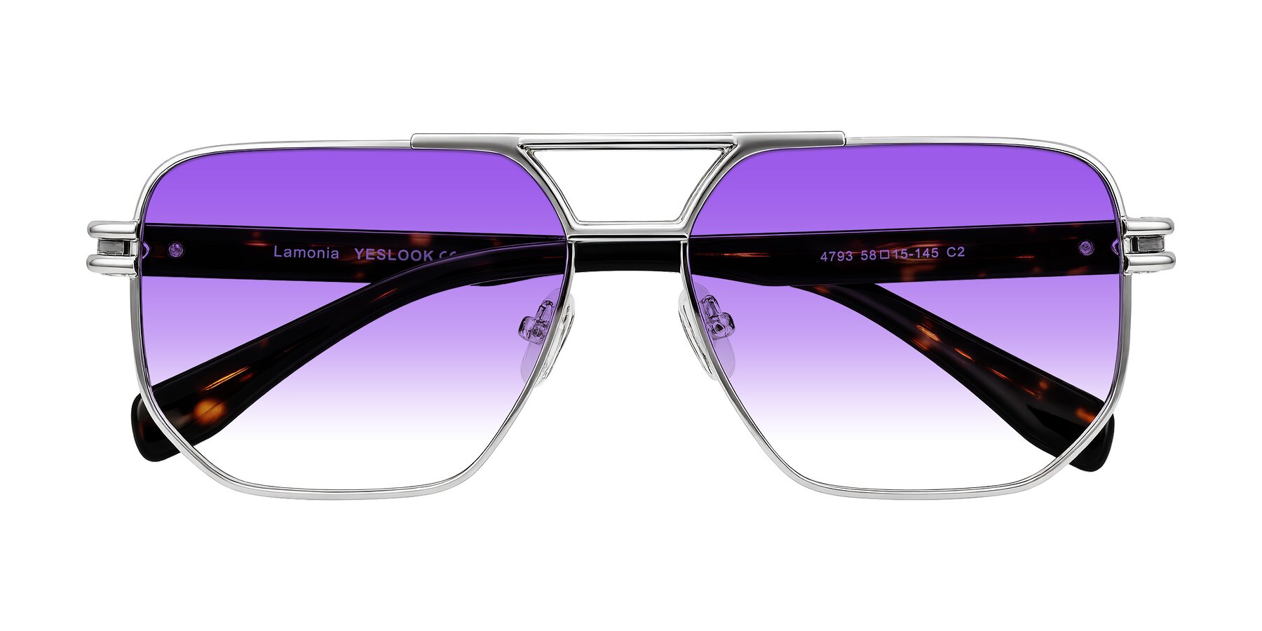 Folded Front of Lamonia in Silver/Tortoise with Purple Gradient Lenses