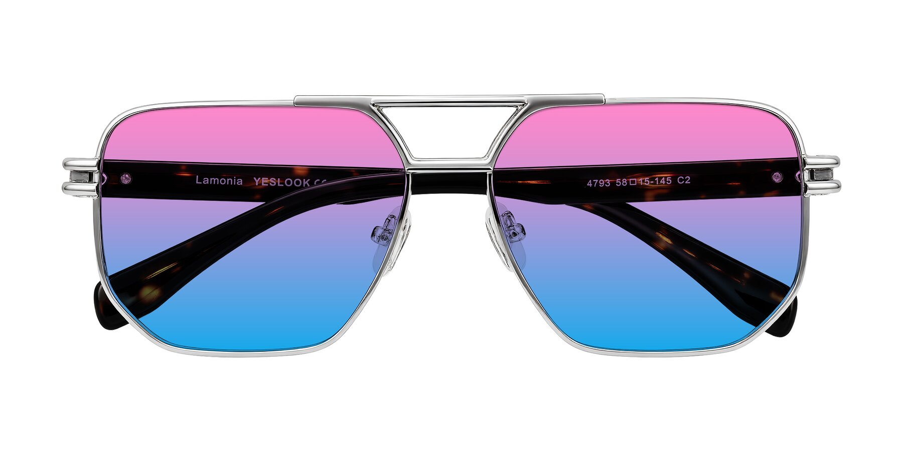 Folded Front of Lamonia in Silver/Tortoise with Pink / Blue Gradient Lenses