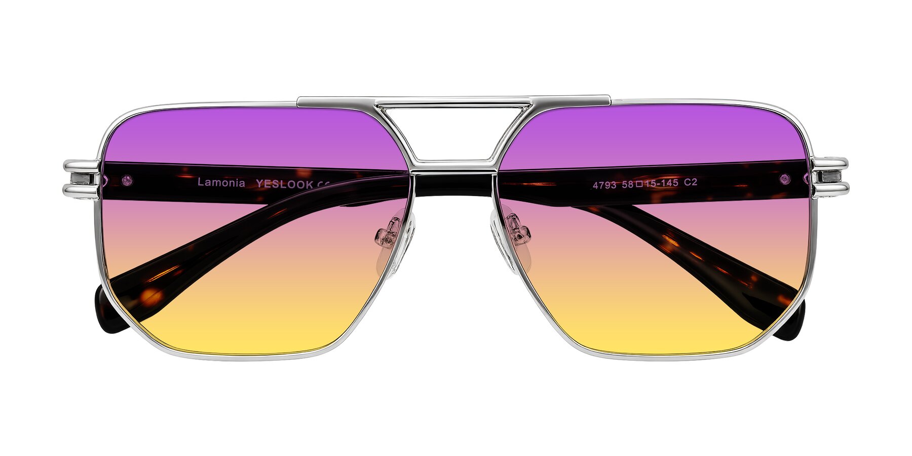 Folded Front of Lamonia in Silver/Tortoise with Purple / Yellow Gradient Lenses