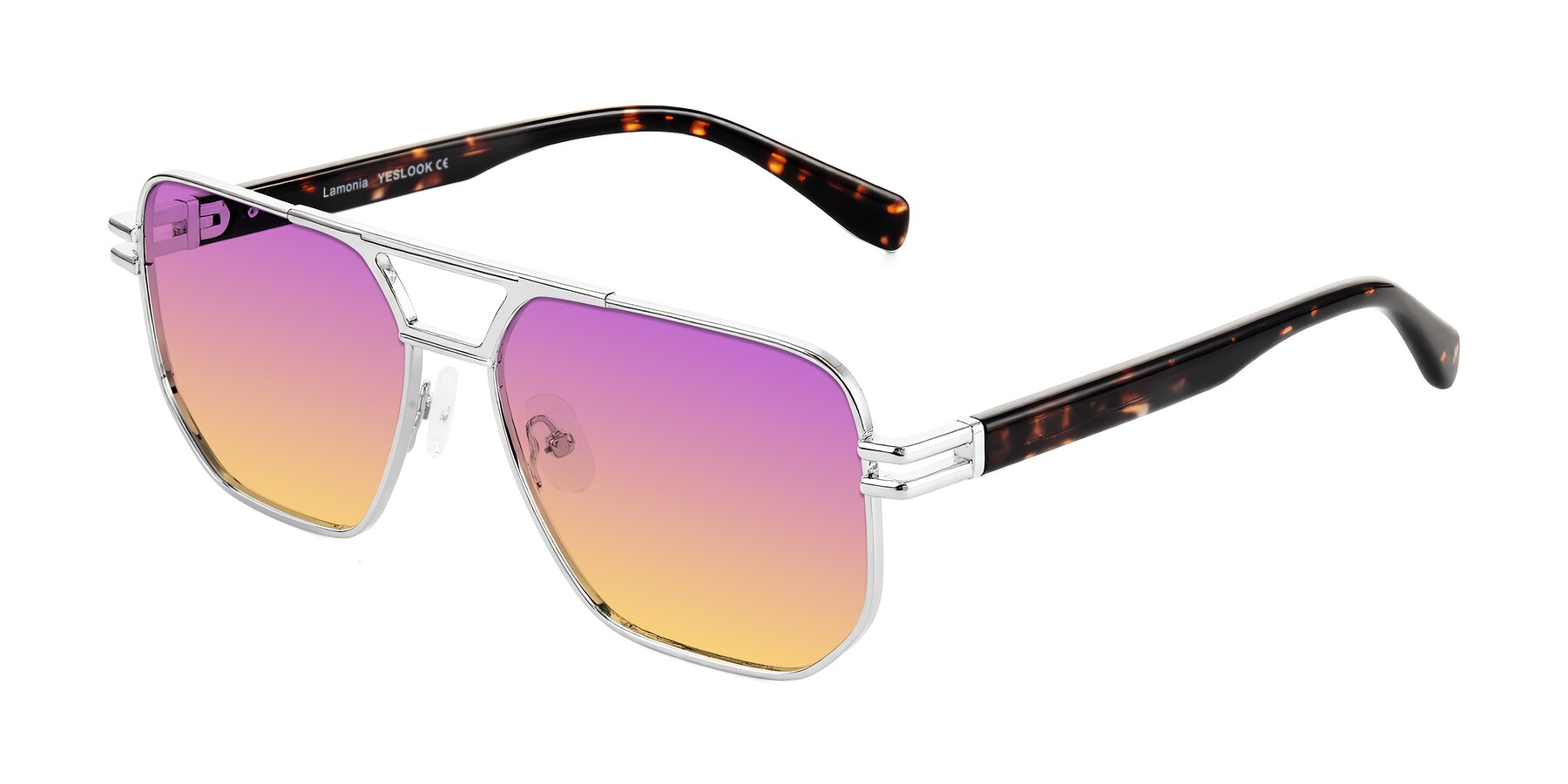 Angle of Lamonia in Silver/Tortoise with Purple / Yellow Gradient Lenses