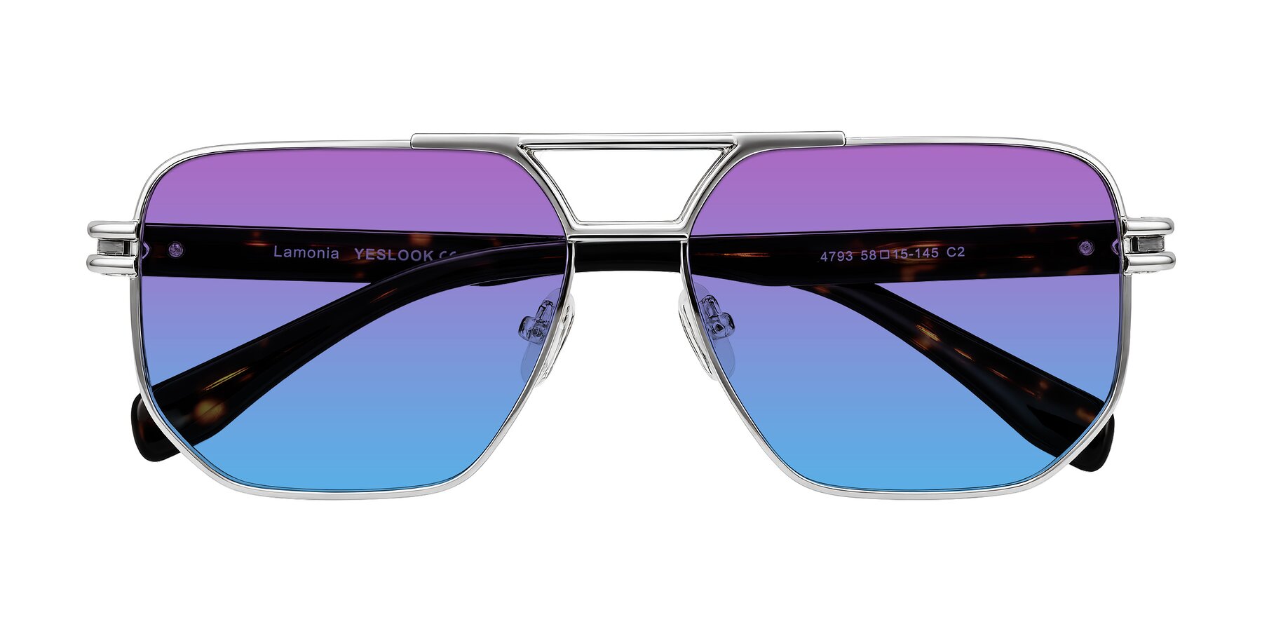 Folded Front of Lamonia in Silver/Tortoise with Purple / Blue Gradient Lenses