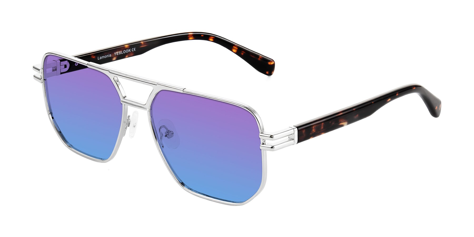 Angle of Lamonia in Silver/Tortoise with Purple / Blue Gradient Lenses