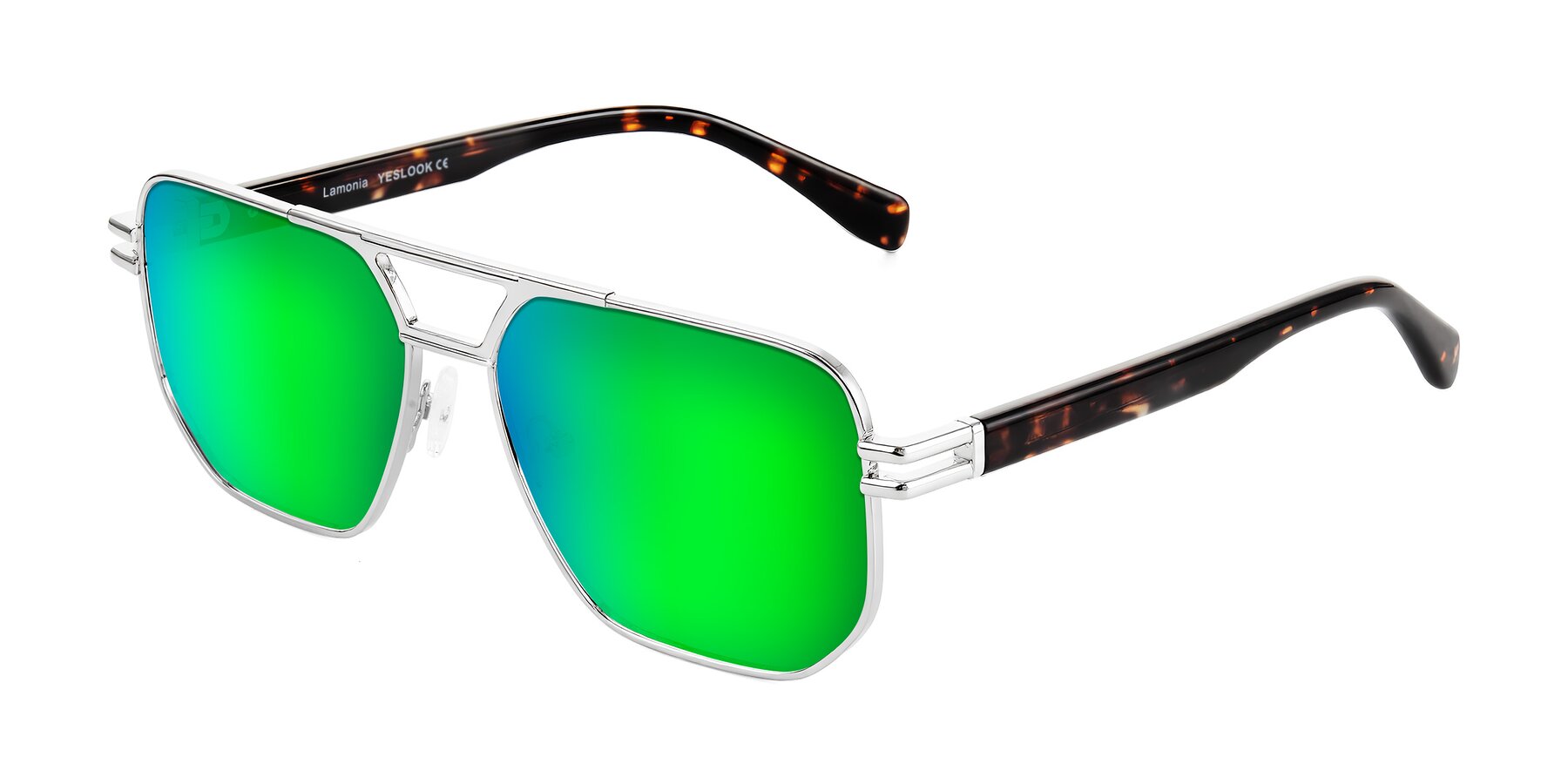 Angle of Lamonia in Silver/Tortoise with Green Mirrored Lenses
