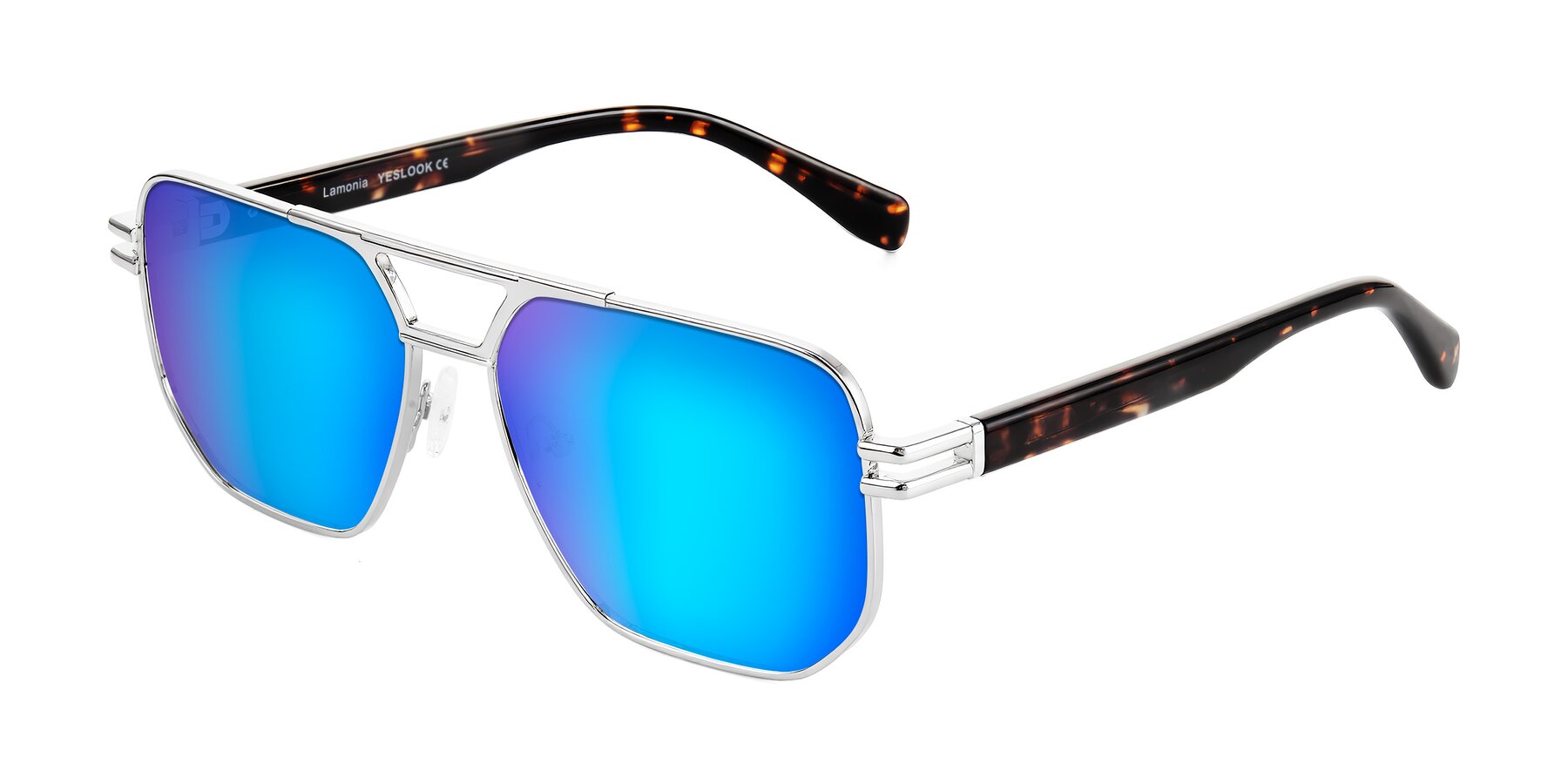 Angle of Lamonia in Silver/Tortoise with Blue Mirrored Lenses
