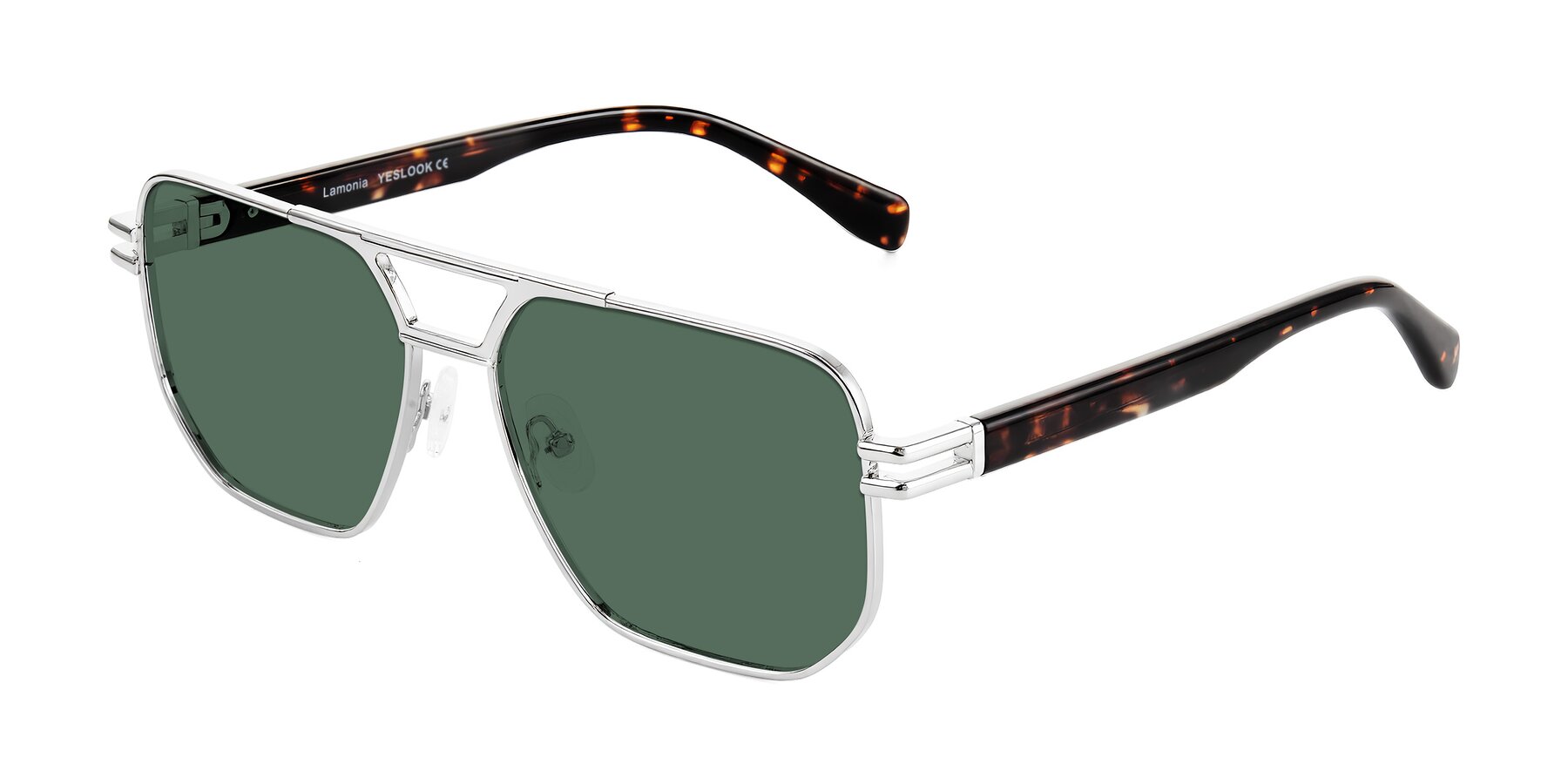 Angle of Lamonia in Silver/Tortoise with Green Polarized Lenses