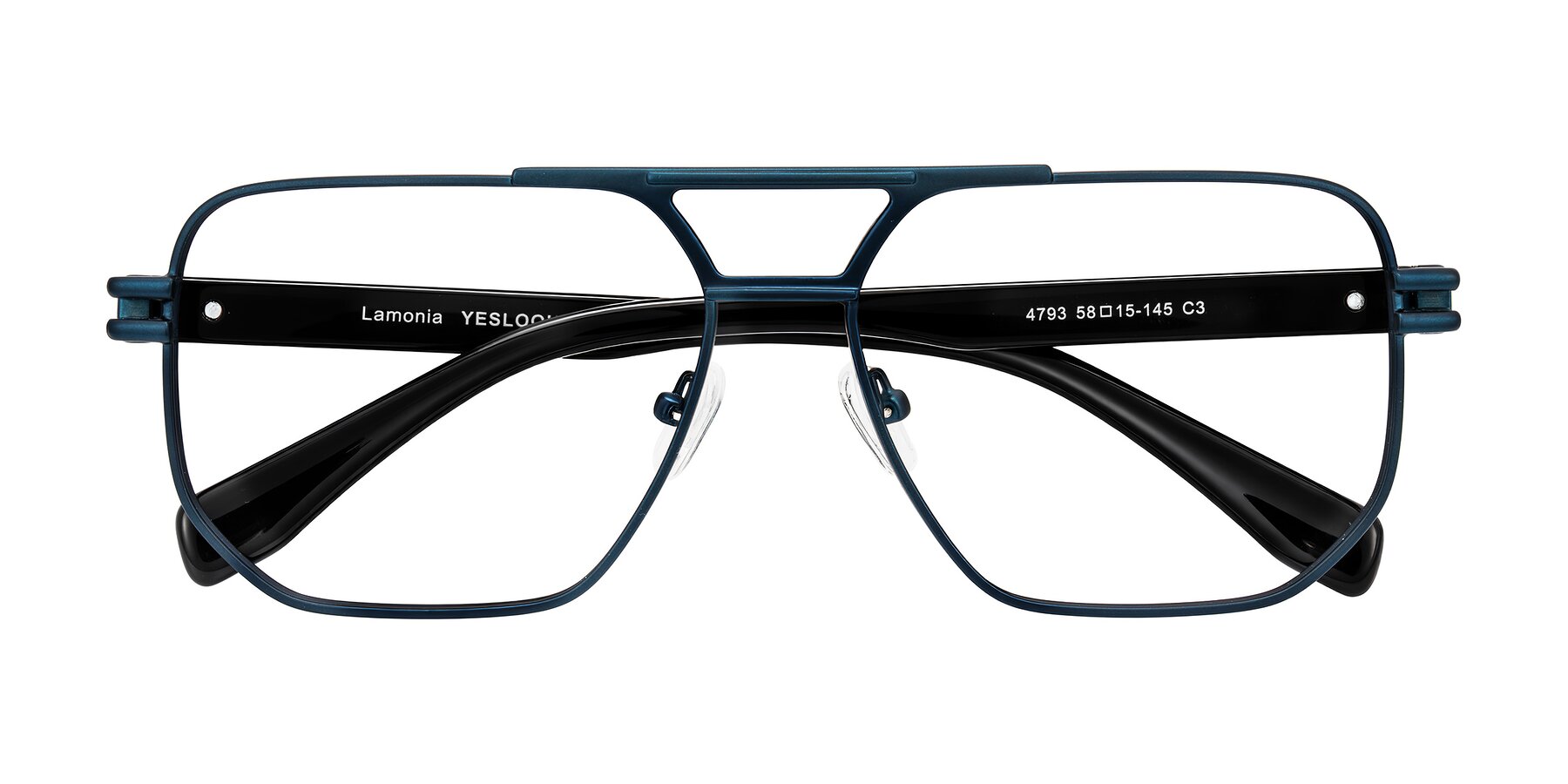 Folded Front of Lamonia in Matte Blue/Black with Clear Reading Eyeglass Lenses