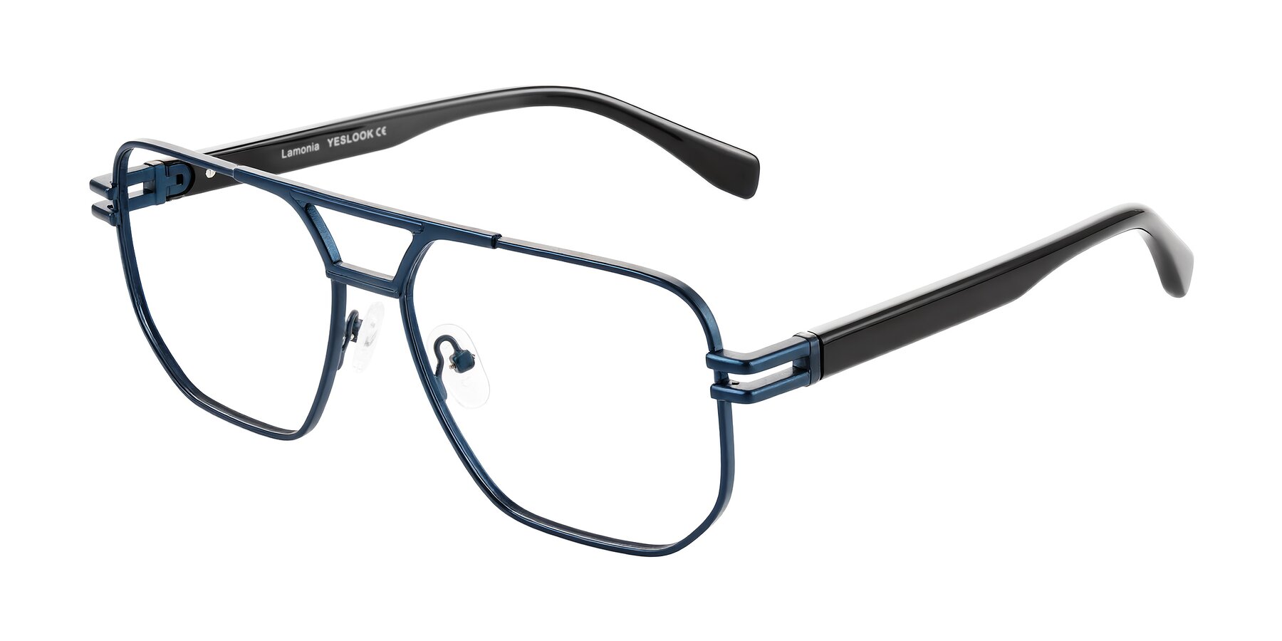Angle of Lamonia in Matte Blue/Black with Clear Reading Eyeglass Lenses