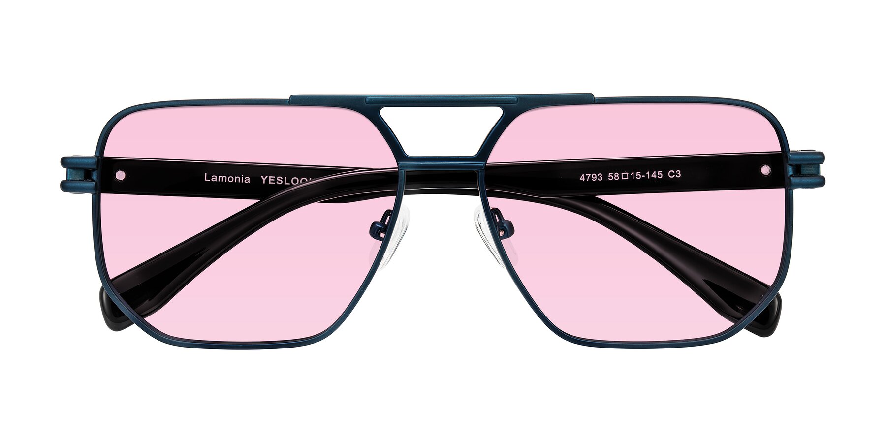 Folded Front of Lamonia in Matte Blue/Black with Light Pink Tinted Lenses