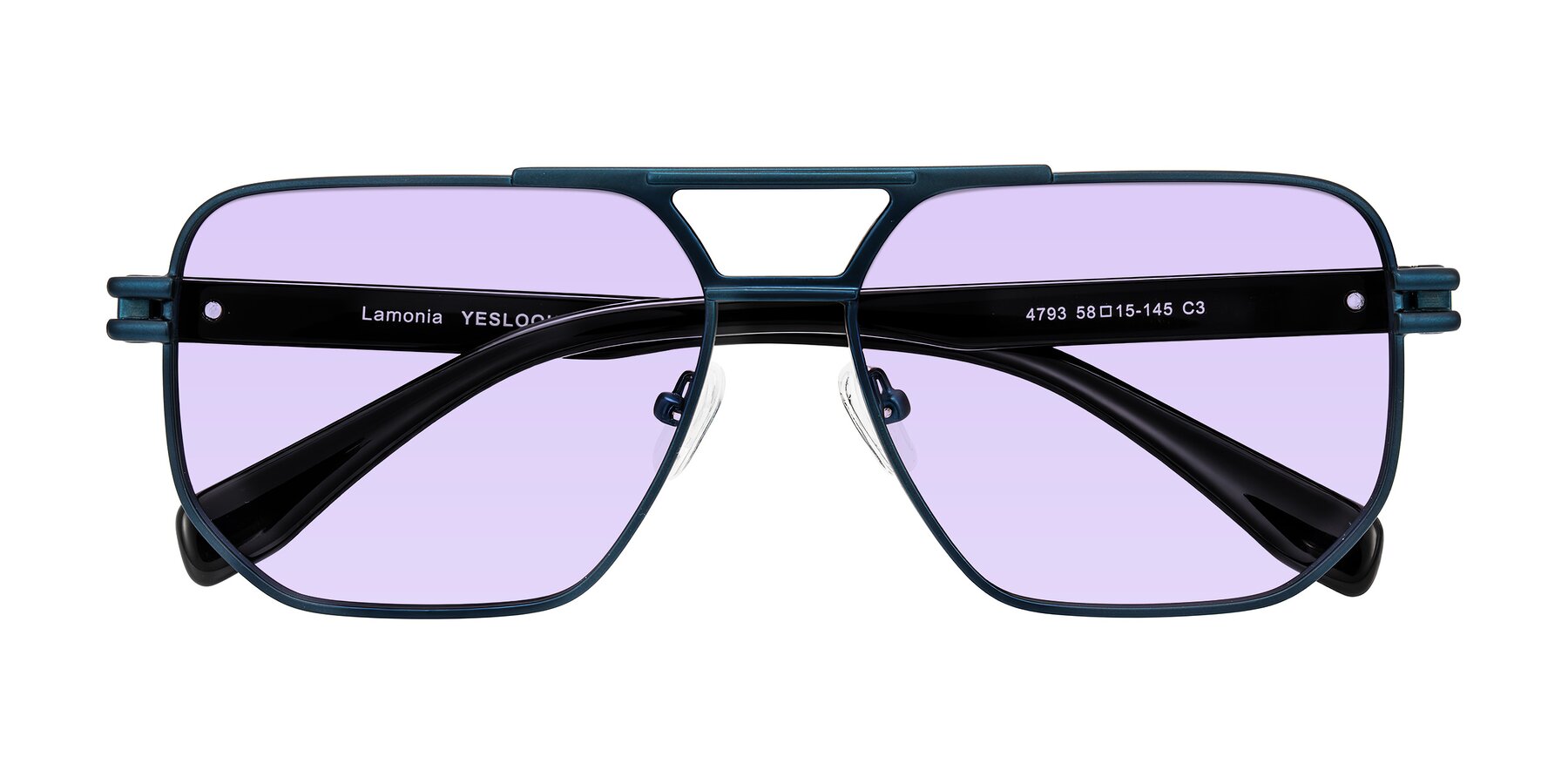 Folded Front of Lamonia in Matte Blue/Black with Light Purple Tinted Lenses