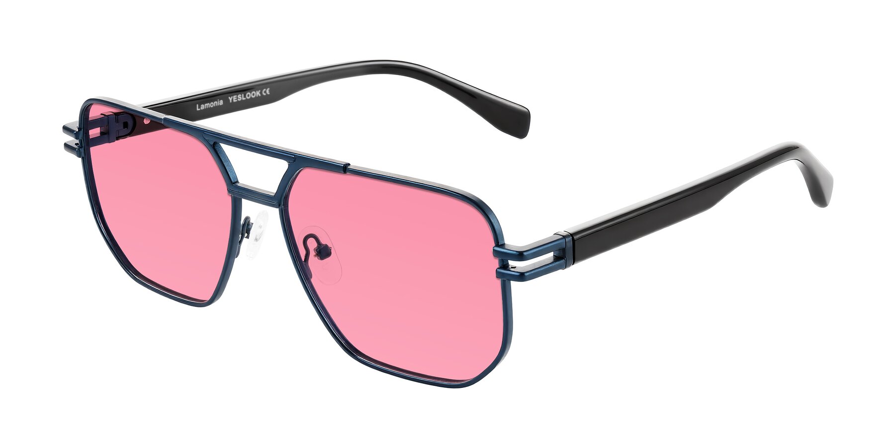Angle of Lamonia in Matte Blue/Black with Pink Tinted Lenses