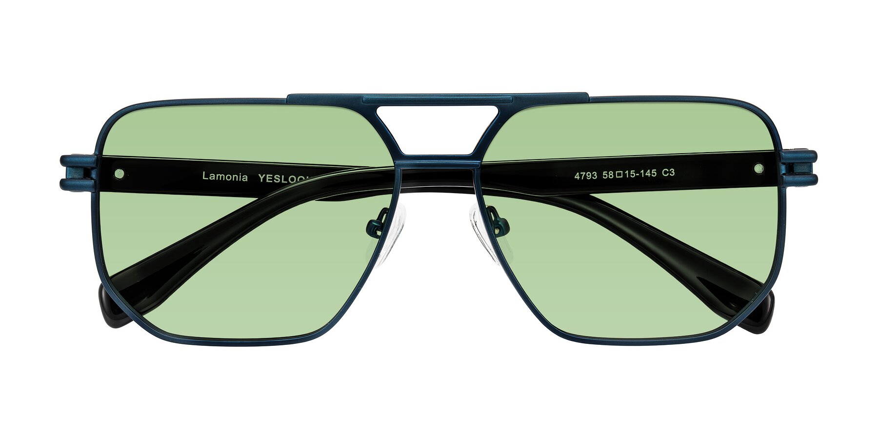 Folded Front of Lamonia in Matte Blue/Black with Medium Green Tinted Lenses