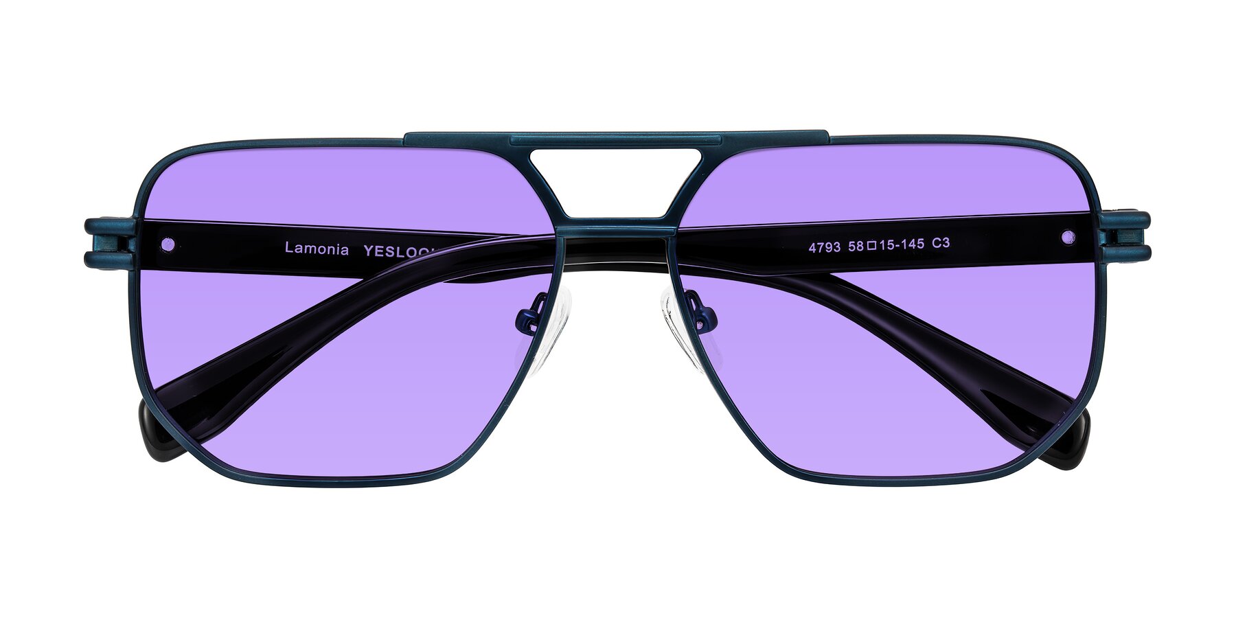 Folded Front of Lamonia in Matte Blue/Black with Medium Purple Tinted Lenses