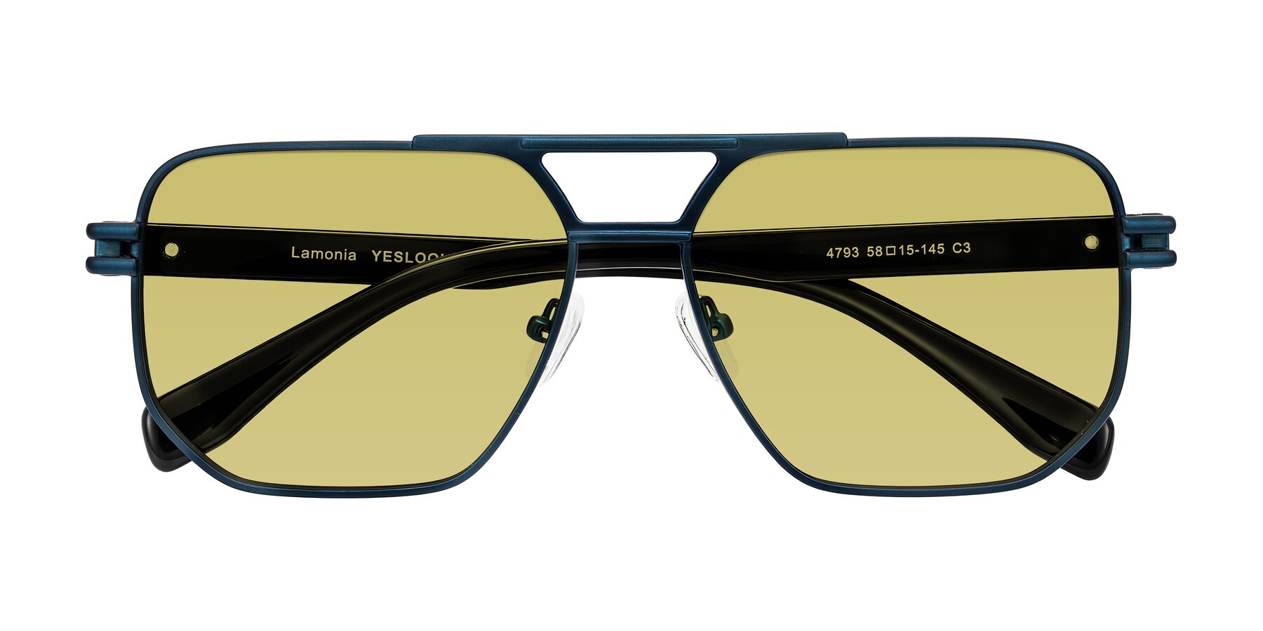 Folded Front of Lamonia in Matte Blue/Black with Medium Champagne Tinted Lenses