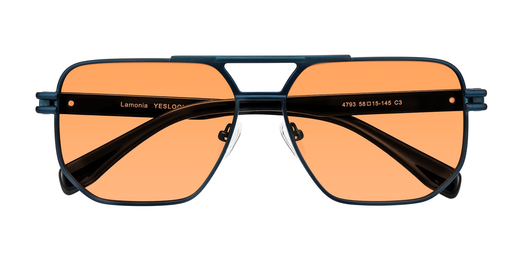 Folded Front of Lamonia in Matte Blue/Black with Medium Orange Tinted Lenses