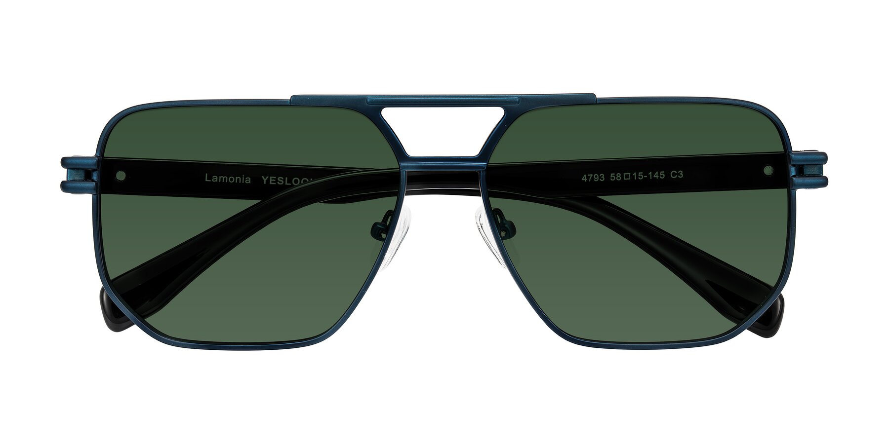 Folded Front of Lamonia in Matte Blue/Black with Green Tinted Lenses
