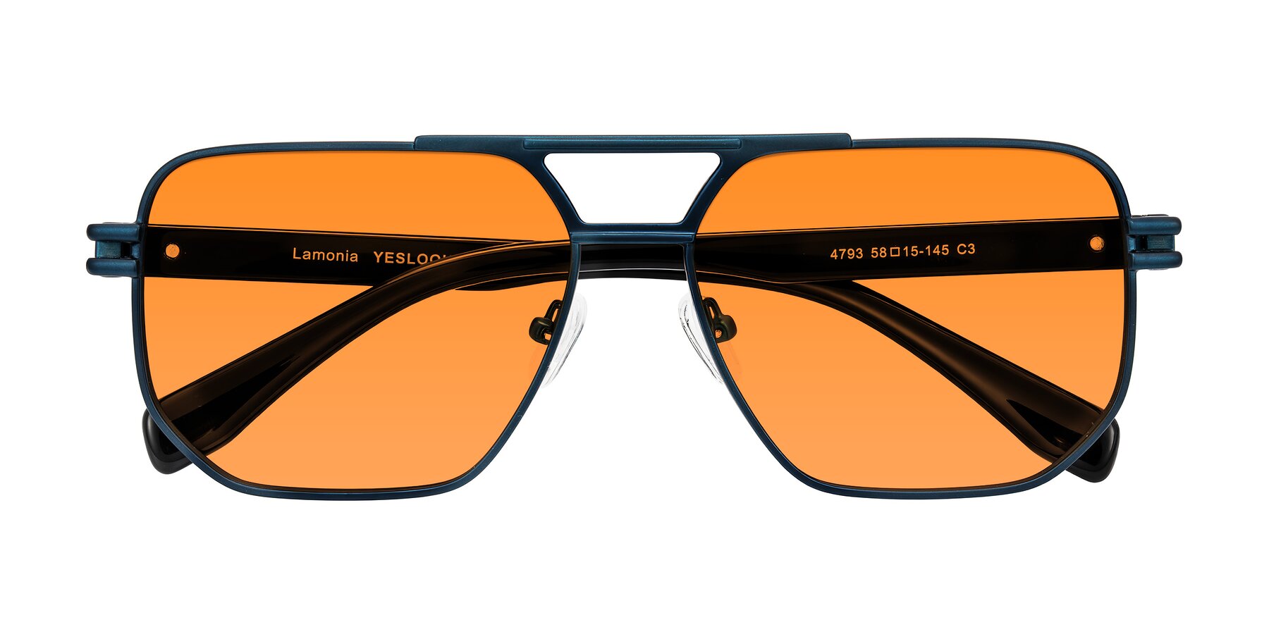 Folded Front of Lamonia in Matte Blue/Black with Orange Tinted Lenses