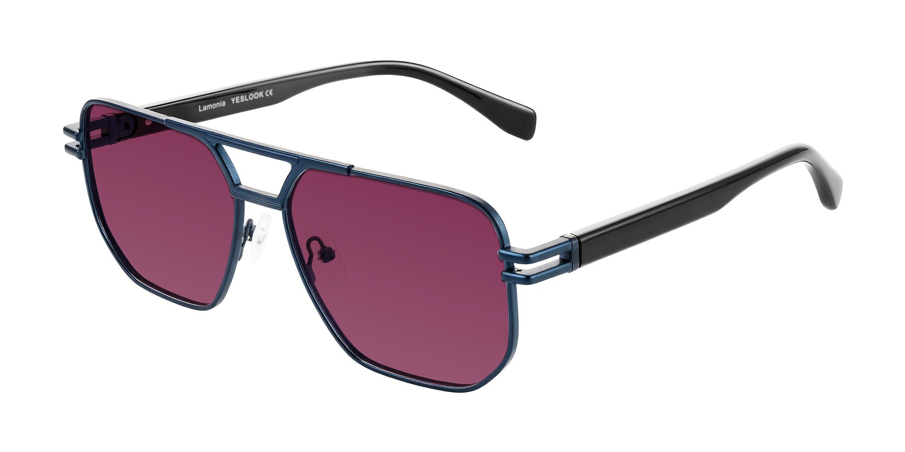 Angle of Lamonia in Matte Blue/Black with Wine Tinted Lenses