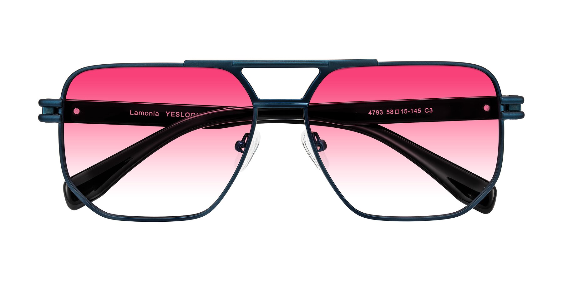Folded Front of Lamonia in Matte Blue/Black with Pink Gradient Lenses