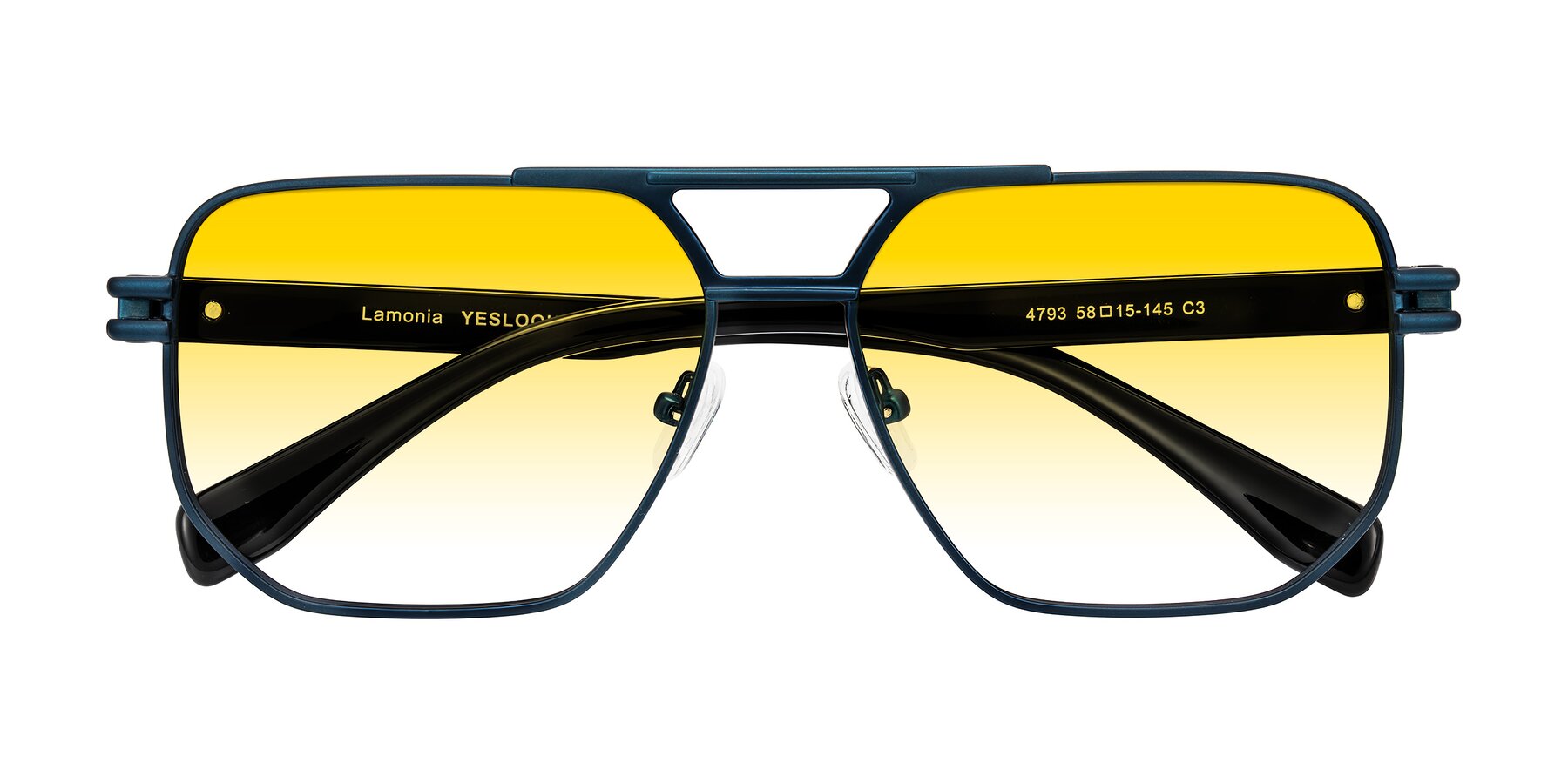 Folded Front of Lamonia in Matte Blue/Black with Yellow Gradient Lenses