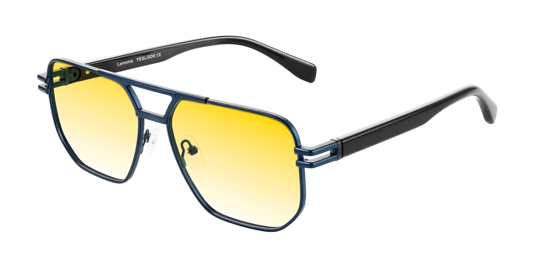 Angle of Lamonia in Matte Blue/Black with Yellow Gradient Lenses