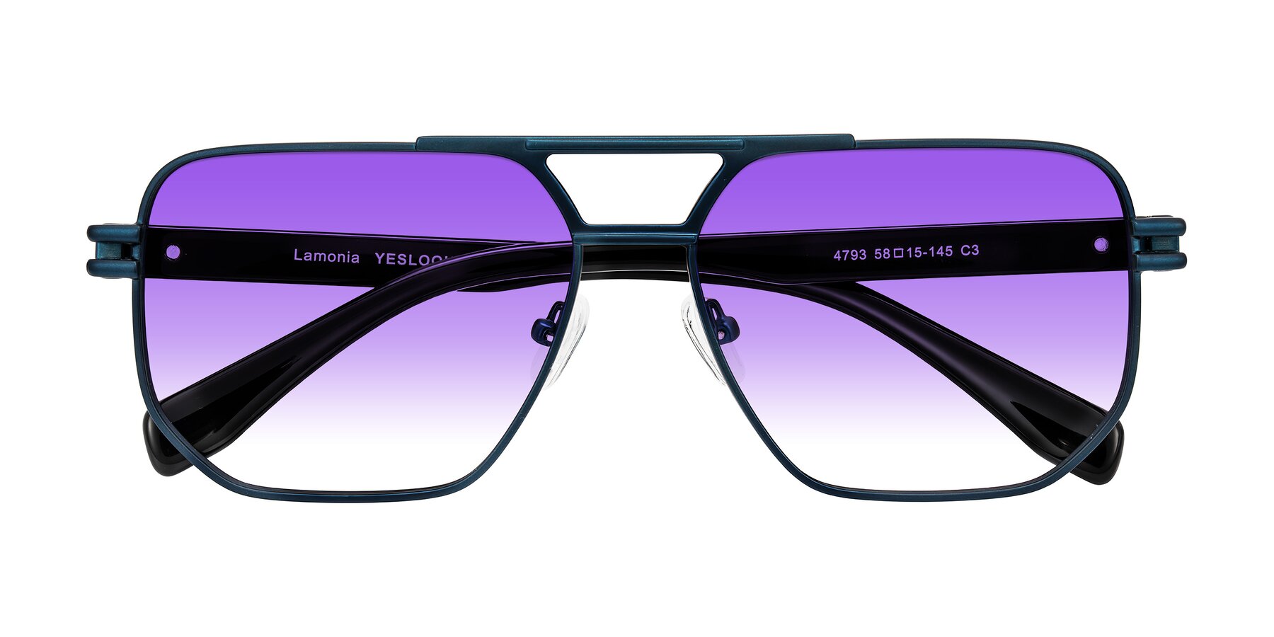 Folded Front of Lamonia in Matte Blue/Black with Purple Gradient Lenses