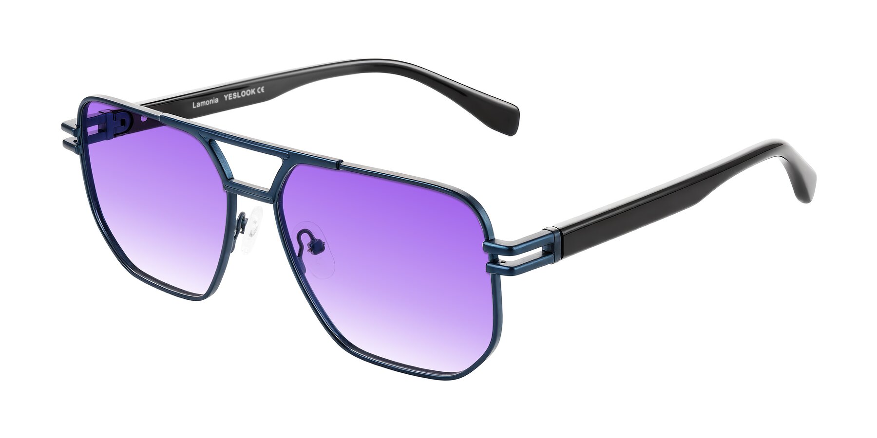 Angle of Lamonia in Matte Blue/Black with Purple Gradient Lenses