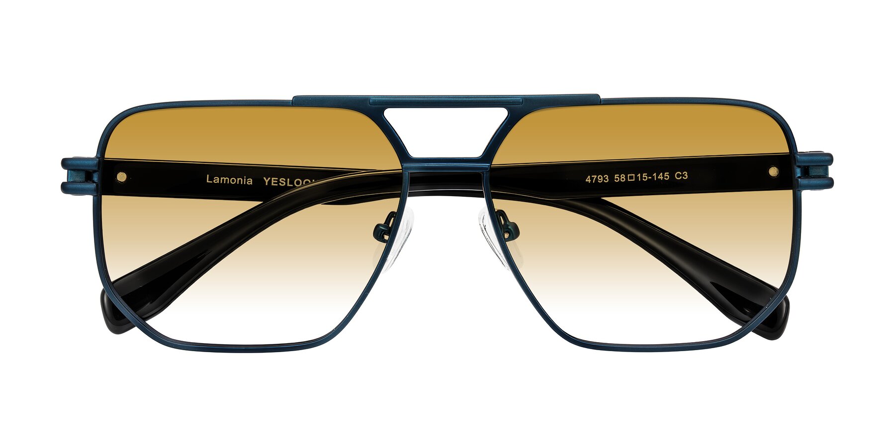 Folded Front of Lamonia in Matte Blue/Black with Champagne Gradient Lenses
