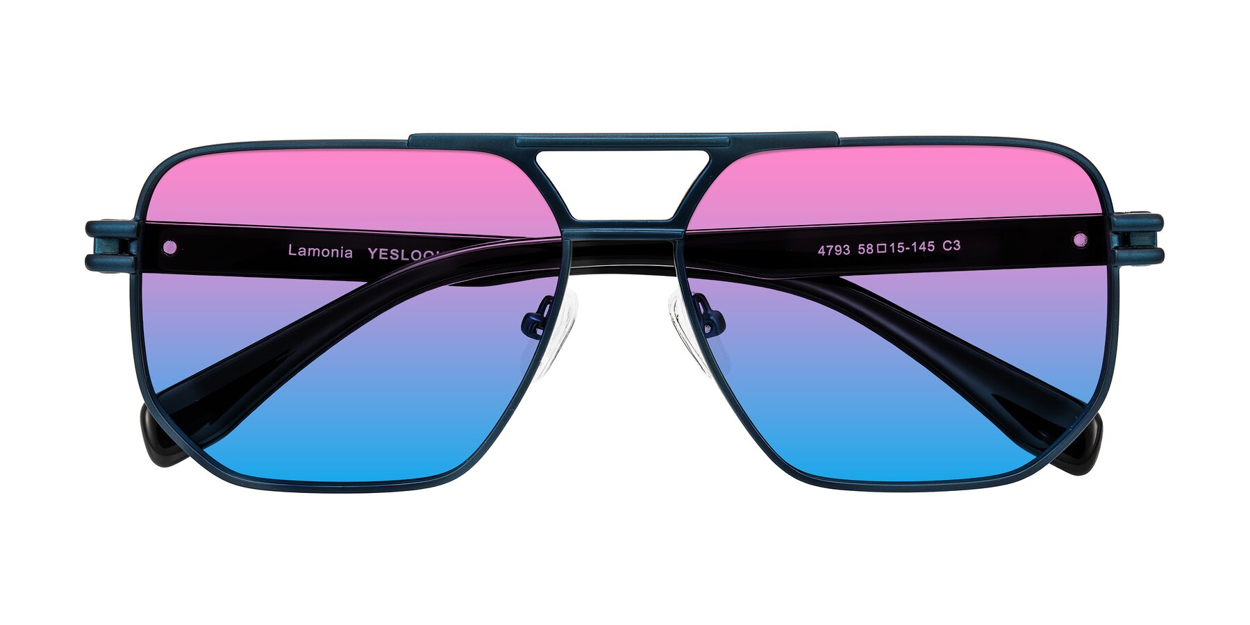 Folded Front of Lamonia in Matte Blue/Black with Pink / Blue Gradient Lenses