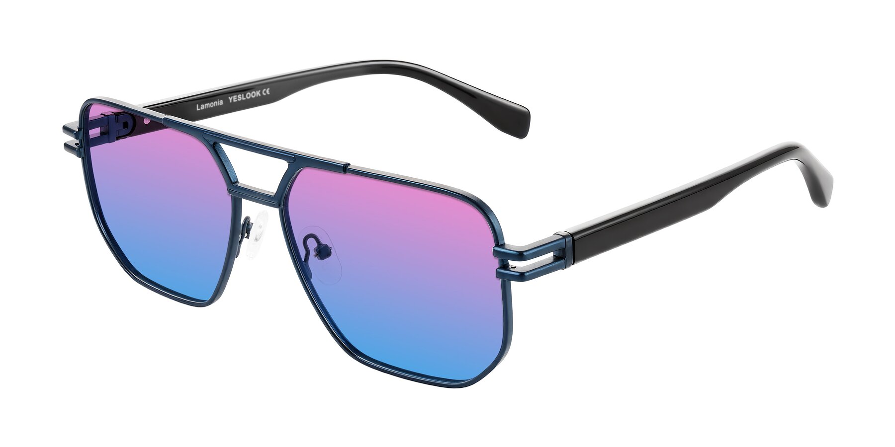 Angle of Lamonia in Matte Blue/Black with Pink / Blue Gradient Lenses