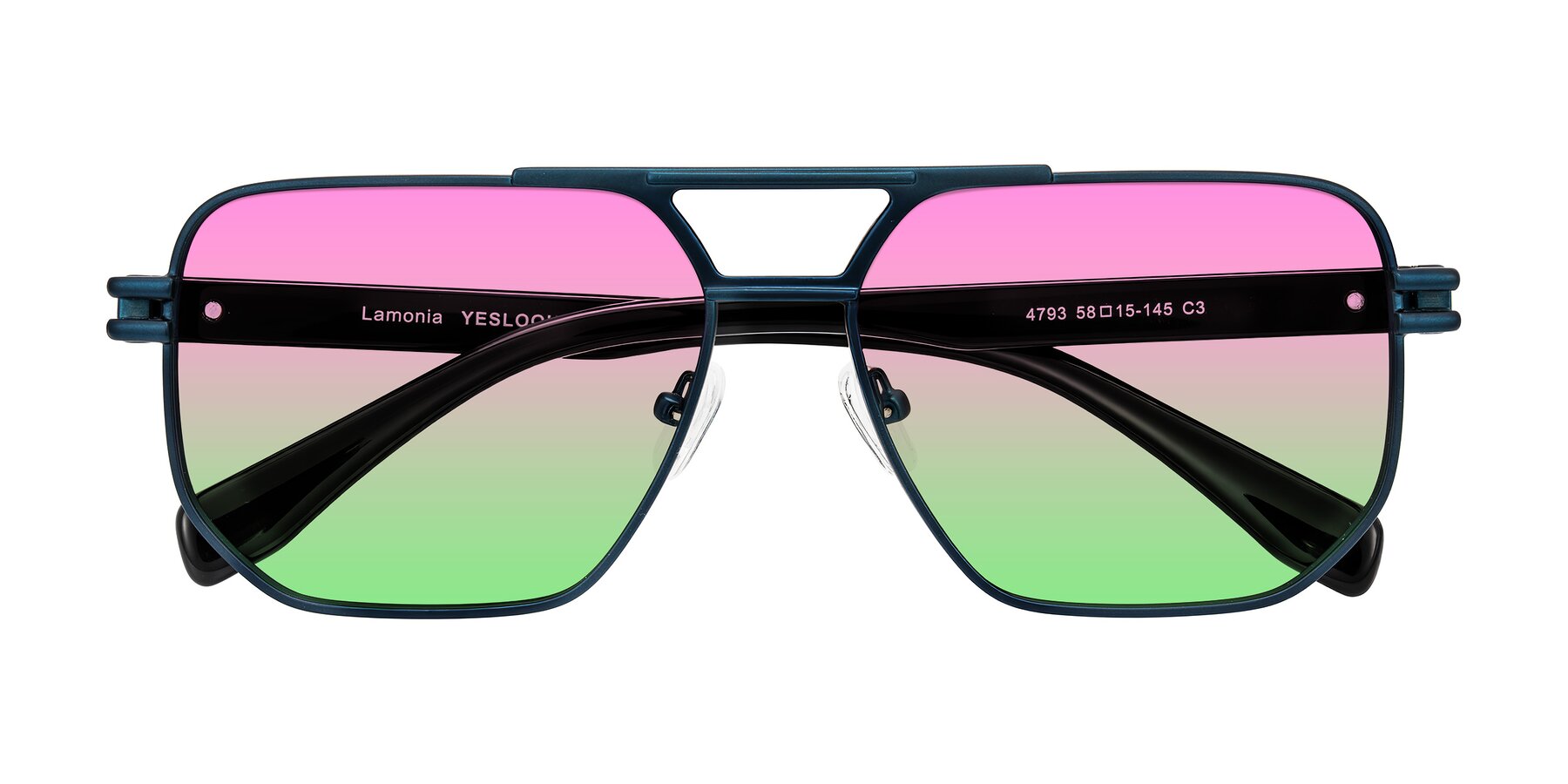 Folded Front of Lamonia in Matte Blue/Black with Pink / Green Gradient Lenses